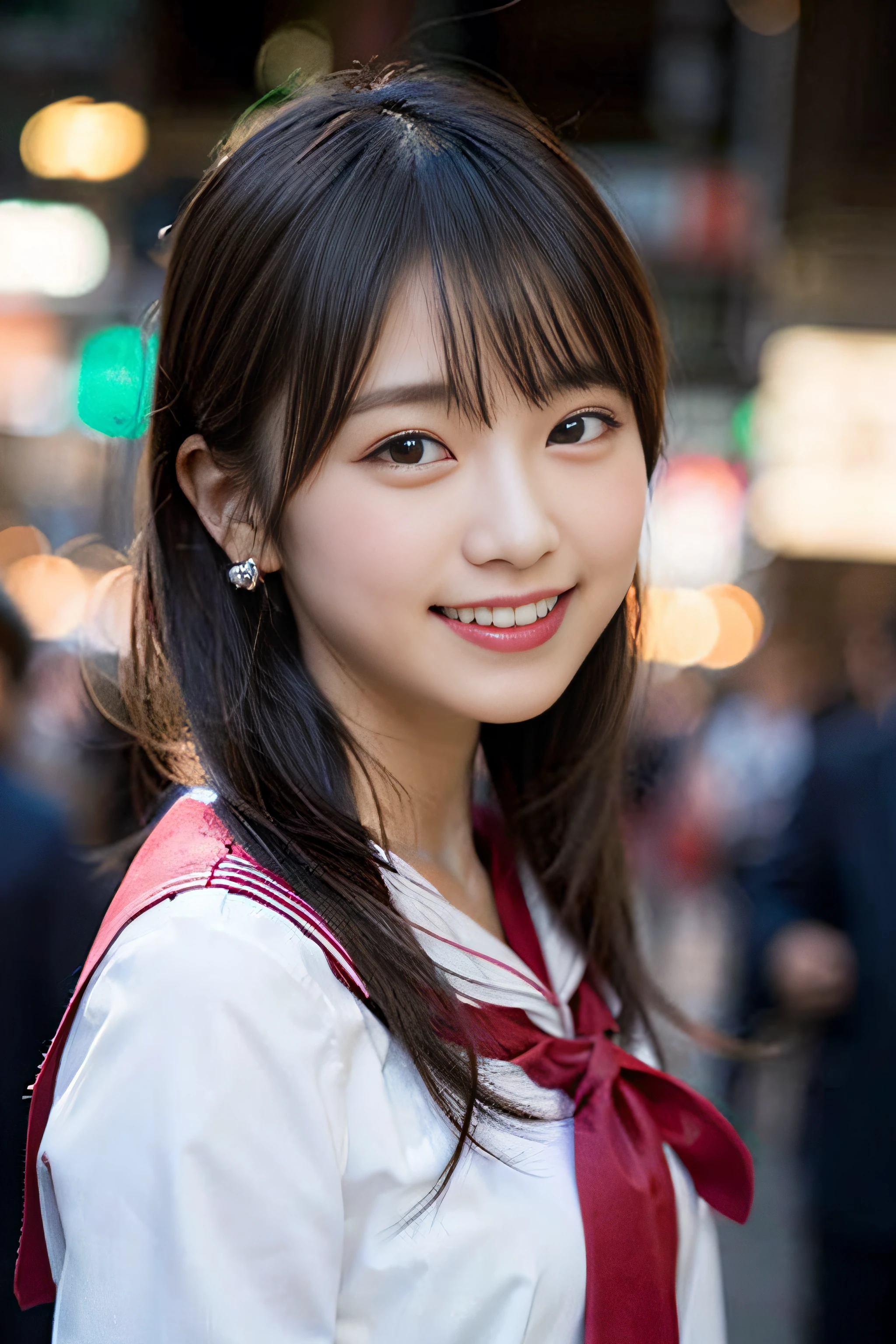 (8K、Raw photography、top-quality、masterpiece:1.2)、(realisitic、Photorealsitic:1.37)、ultra-detailliert、超A high resolution、女の子1人、see the beholder、beautifull detailed face、A smile、Constriction、(Slim waist) :1.3)、Beautiful detailed skin、Skin Texture、Floating hair、Professional Lighting、Whole human body、Longhaire、a blond、japanese hight school uniform、a sailor suit、matriculation、、Bob Hair、E-cup、Happy smile、、Red ribbons、a baby face、Childisuppin、Moisturizing lips、Thin pink lips、Christmas Lights、red school uniform