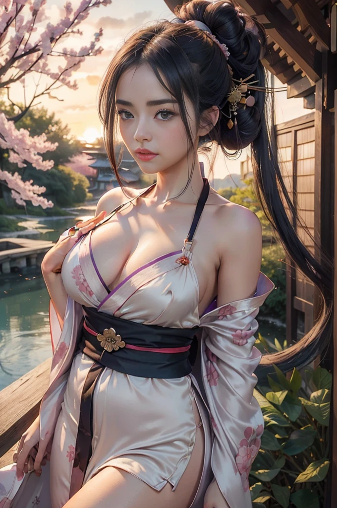 pond, feudal japanese architecture, Female, Women, , EROTIC, View viewer, romantic, loving, love, FacingViewer, colorfully, long-haired, (Comb your hair into a perfect bun.:1.3), (asian:1.3), My leg., bandana, ribbons, Twilight Blue, shiny silver color, purple galaxy, black velvet, Sakura Park, Cherry trees, pink petals, outdoor, stand, (Chest cover:1.4), (Hands on breast milk:1.3), (sunset, dusk:1.25), (silk kimono robe:1.5), (sash:1.3), (Bare shoulders:1.4), (No shoulder strap:1.3), (delicate embroidery:1.1), Elegant, frills, (Reveal:0.8), (Art by Noah Bradley:1.4), (hand on her own chest:1.3), (:1.4), small, slim waist, Small breasts, fcHeatPortrait, (mid shot:1.3), Leering, risk, Thin and light, Disrespectfully clad, cleavage, (Grab her own breasts.:1.3), (masterpiece:1.2), subsurface scattering, Heavy shadow, (High Quality:1.4), golden ratio, (intricate, high-detail:1.2)