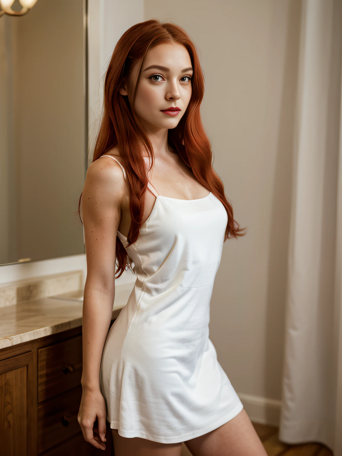 portrait, ultra detailed, red hair, dark eyes, photorealistic, young girl, long red hair, beautiful almond eyes, beautiful body, petite, wearing a dress, make up
