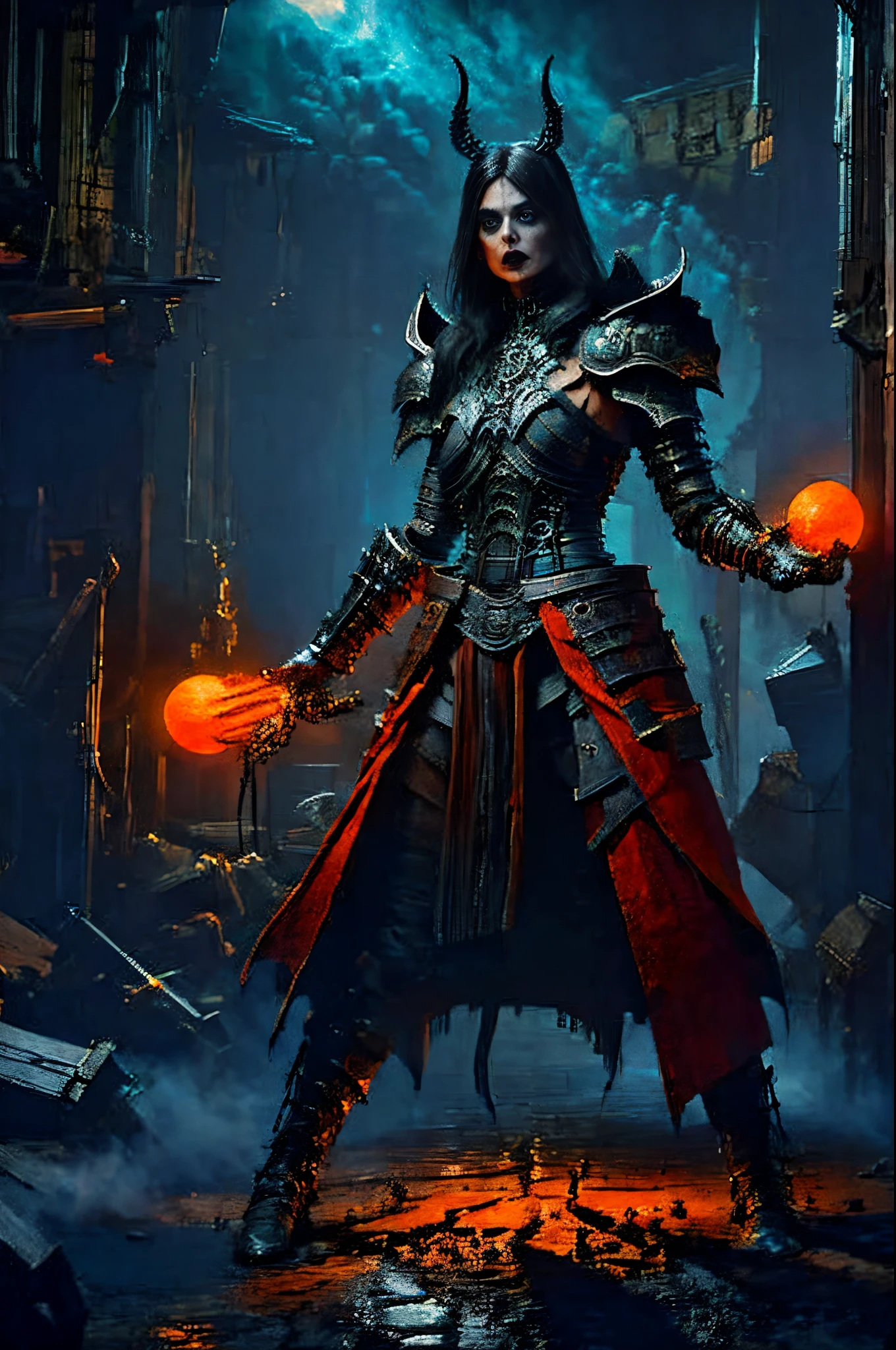 gothic art, lightand shade contrast, Standing picture, ramen, holland angle, emphasis lines, tmasterpiece, Acura, Anatomically correct, A high resolution, Best quality, super detailing, Award-Awarded,D14BL0 style necromancer,Humanoid monsters,A small amount of armor,withered face,witchcraft,expressionless eyes,Epic war fantasy digital art,(greg rutkovsky:0.8), (cyan and orange:0.4),