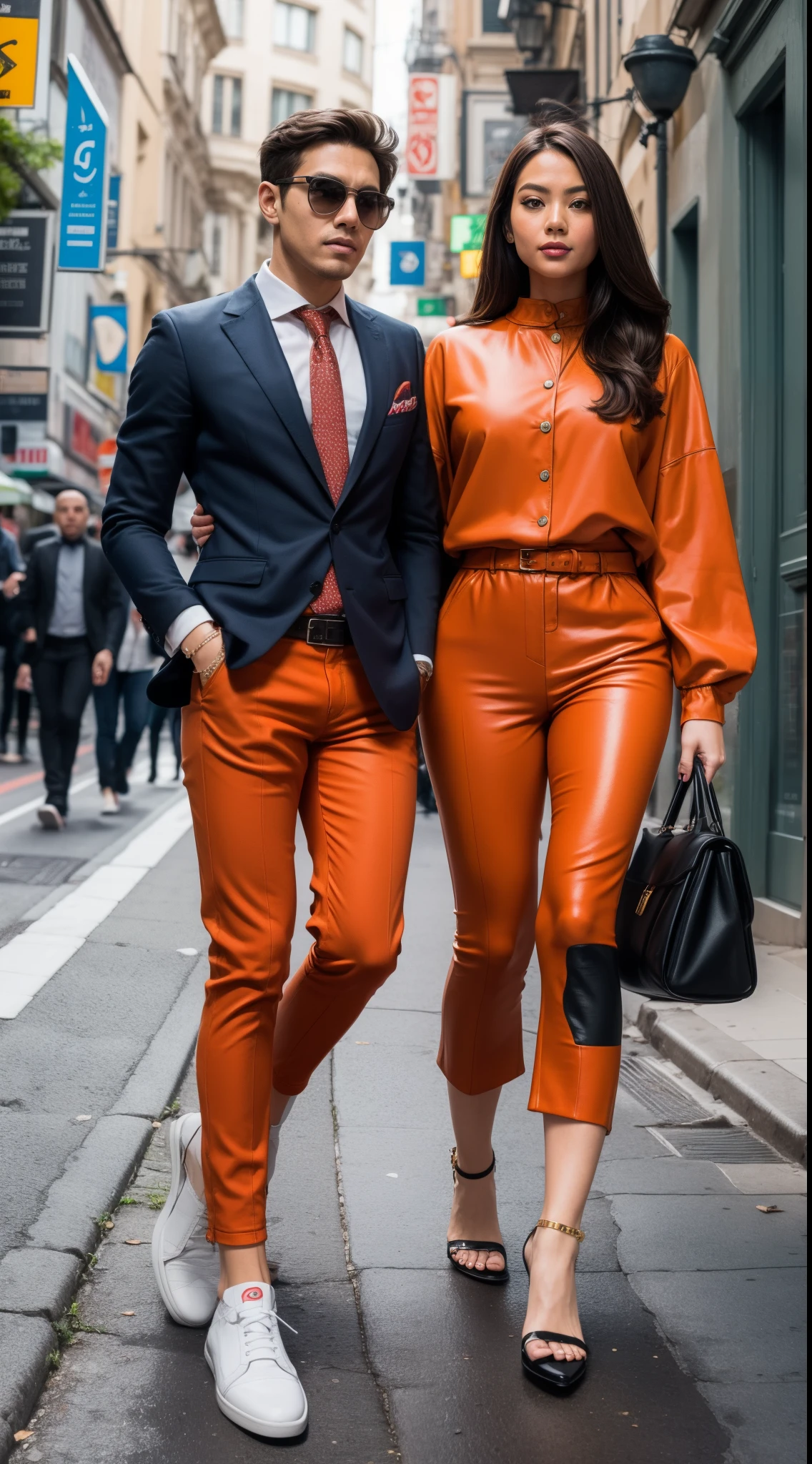 Illustrate a thrilling heist scene where the Malay woman wears a sophisticated ensemble inspired by 'The Italian Job,' pastel orange outfit exuding confidence as she plans the perfect caper