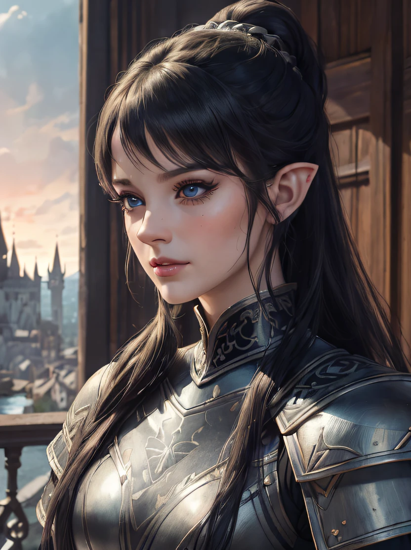 ((​masterpiece、top-quality、ultra-detailliert、hight resolution、foco nítido、Photorealsitic、lighting like a movie))、Beautiful 40 year old female elf upper body portrait、bustshot、Focus from the chest up、Environments with complex details、Elegant person、elaborately patterned cloth cloak、Richly textured black leather armor and leggings、Delicately carved black plate armor、Bustling medieval cityscape and castle in the background、mystic atmosphere、Detailed background depiction、Deep sense of depth、tall、well-proportioned figure、A dark-haired、Hairstyle Ponytail、Seductive blue eyes、Sharp eyes、hyperdetailed face、Detailed ears、A detailed eye、Detailed hand depiction、Dynamic action、Look at viewers