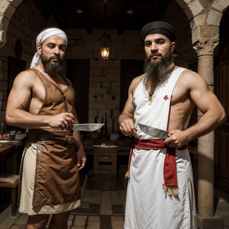 Two Turks with butcher knives stand in the center, kebab in the background, happy, klischee, arabische schuhe, wasserpfeife in der hand, rinder am rand lachend, moschee im hintergrund, tageslicht, Turkish flag, beards, turban