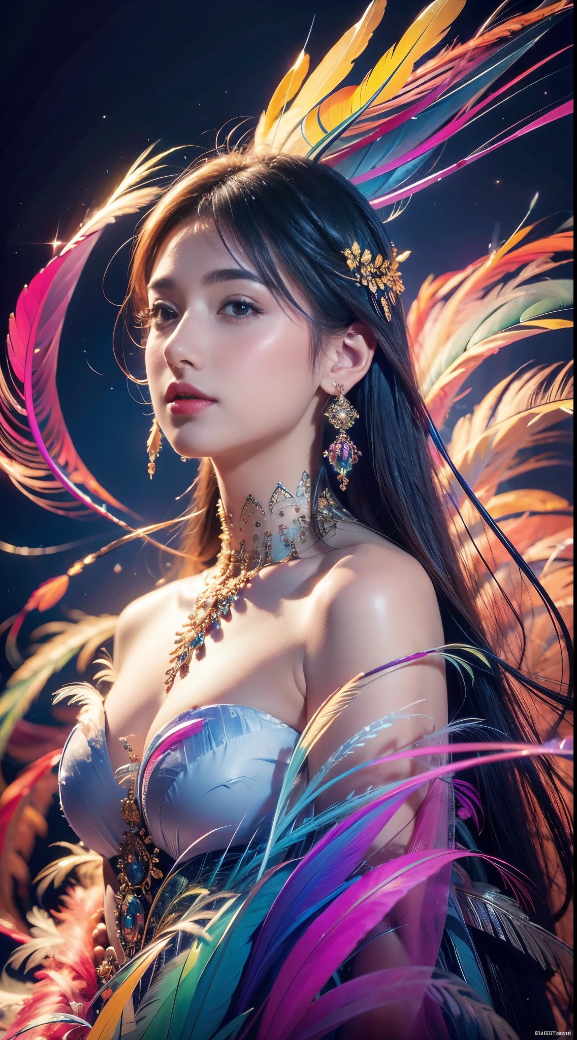 8k,1 sister,(earrings feather:1.2),(tmasterpiece, quality, Best quality, offcial art, Beautiful and beautiful:1.2),very detailed nipples,(s fractal art:1.1),(Colorful:1.1),Feather background,