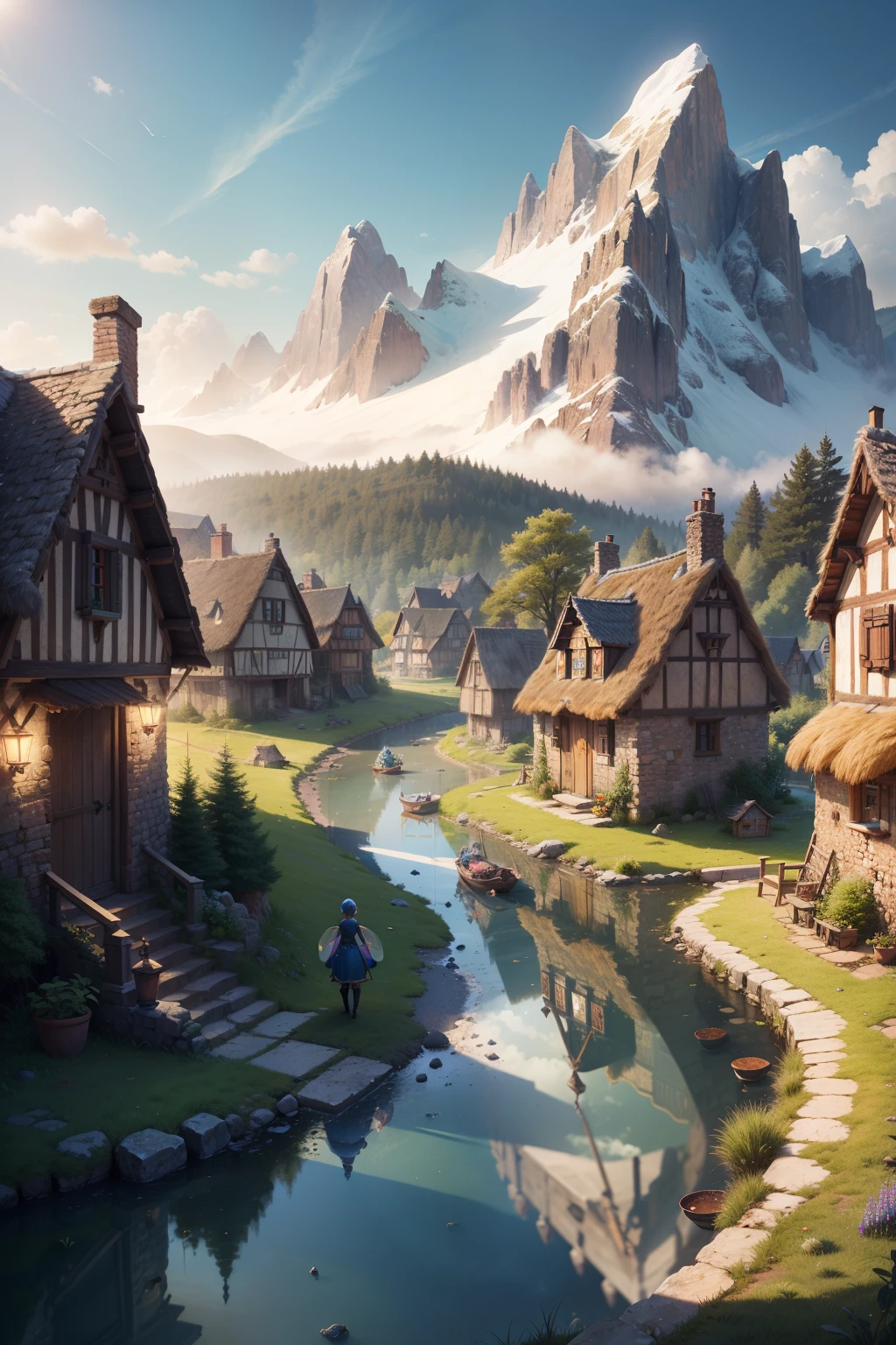best quality, absurdres, highres, extremely detailed CG, (((Fairy Tales, village))), scenery, houses in the mountains,