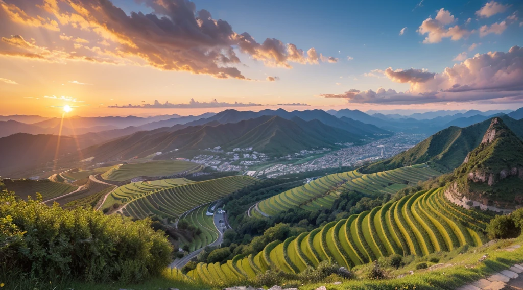 ((tmasterpiece)),(((Best quality at best))),Photorealistic photography，spring mountains，terraced fields scenery，Sunrise and sunset（See the full sun），Skysky，Clouds（large quantity，Dense），The mountains are full of cloudountains with many mountains(Distributed on both sides of the screen)，aerial shot，iRAW photos,Shot with Sony A7R4，12mm/f12 lens，Ultra-wide angle composition，16K Ultra HD, SLR camera, high qulity, Incredible detail and complexity，Ultra photo realsisim