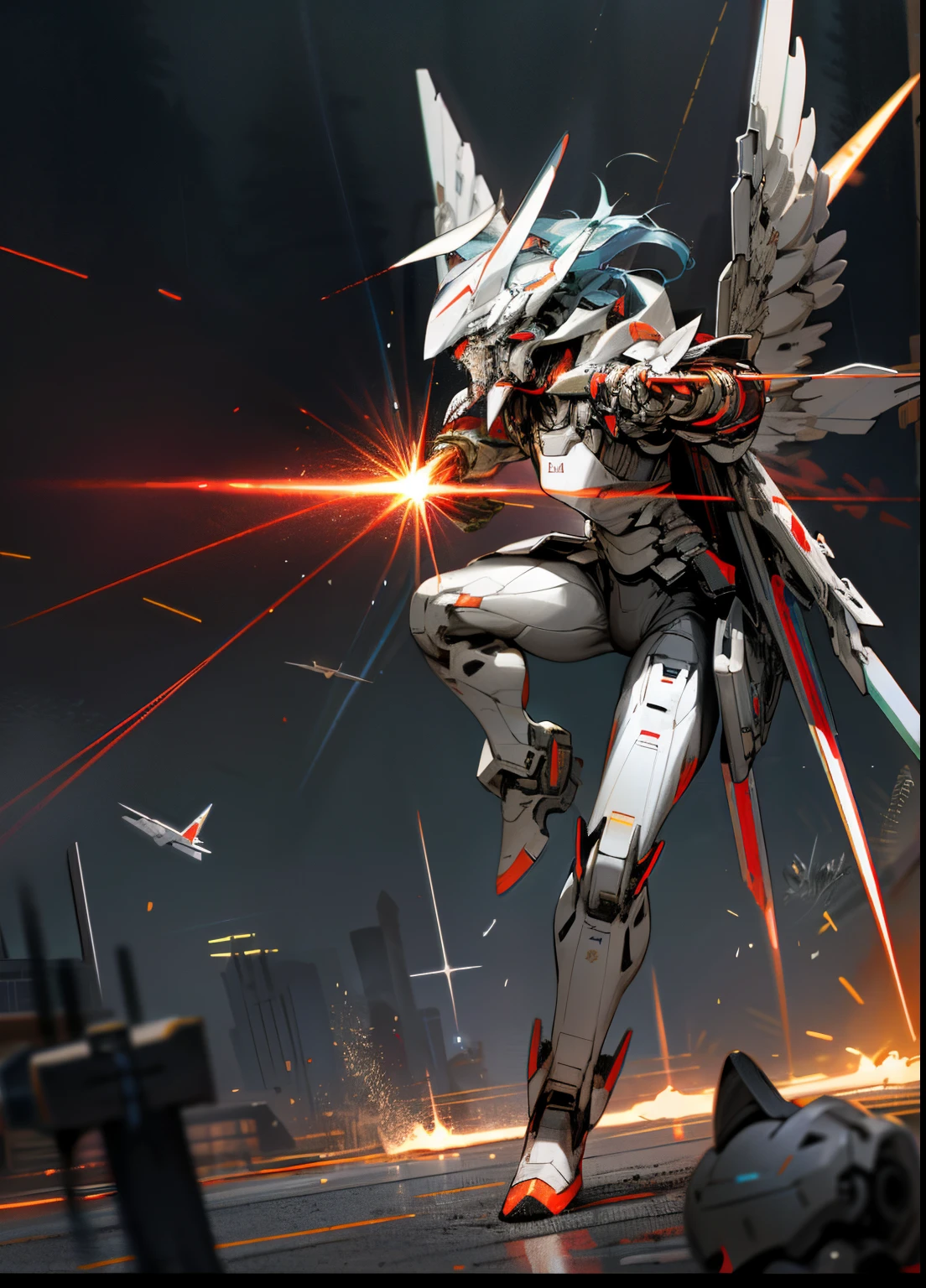 space, holding_weapon, no_humans, glowing, giant robot, flying, rifle at viewer,point at viewer,, destroyed space colony, ruins, glowing_eyes, mecha, science fiction, satellite orbit, reality, mech, wearing a shield on its back,