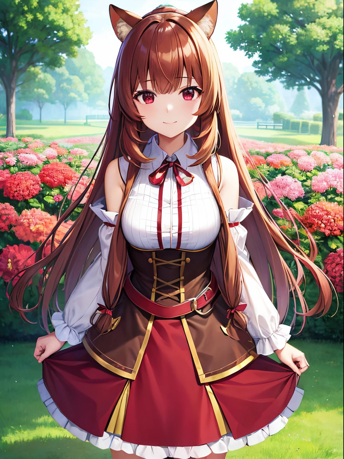 masutepiece, Best Quality, Animal ears、Raphtalia, western clothes, ribbon-trimmed sleeves, Red skirt, Skirt, arms on either side of the waist, Leaning forward, Smile, Outdoors, florals, Beautiful flowers々Park in full bloom, front-facing view、absolute reference to center,standing on the grass、gazing at viewer,, Brown hair, Long hair, (Red Eyes:1.5),