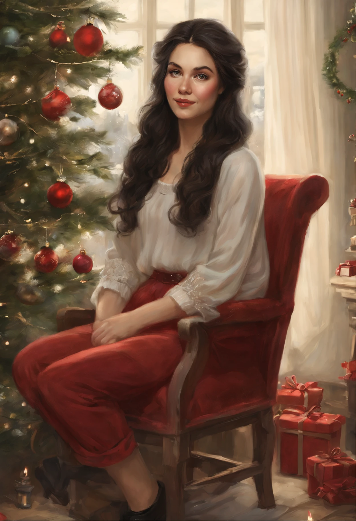 真实感, a painting, Fairytale fantasy style, Christmas style, John Tolkien style, Small painting by Jean-Baptiste Monge, Soft facial features, Rocker Girl, sitting in a chair with flowing black hair near the Christmas tree, Soft facial features, wearing pants, wearing a sweater, With light makeup, dark pink lips, lip shape"pearlescent" ,"curved eyebrows in the shape of Engriberts, light gray eyes, heavy-lidded eyes, Human Hand, Very clear, Without flaws, five fingers, black long wavy hair, In a short red sweater, in black trousers,mischievous character, Christmas tree, Gifts, Jean-Baptiste Monge, anthropomorphic --ar 2:3 --testp -optimistic;