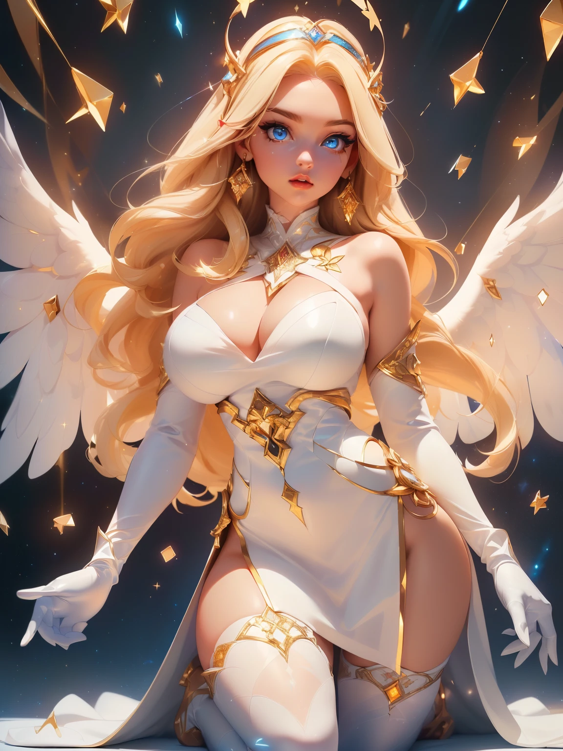 ((kneel down)) ((posing sexy)) ((beautiful russian supermodel is a celestial angel)) ((Big bright blue eyes)), ((dark eyeshadows make up)) ((bright red lipstick)), ((with innocent gaze)) ((very long light blonde hair))((huge breasts:1.5)) ((perfect slender body:1.3)) ((wearing white see through dress with gold ornaments)) ((white gloves and white stockings, showing micro underwear)) ((halo of light and gold over her head, big white wings)) ((glowing magic crystals and sparks particles floating around))((with black sky background and white light reflectors on her)), ((high definition:1.5), ((amazing lights and shadows)) ((masterpiece:1.5))((8k:1.5)) ((Best quality:1.4))