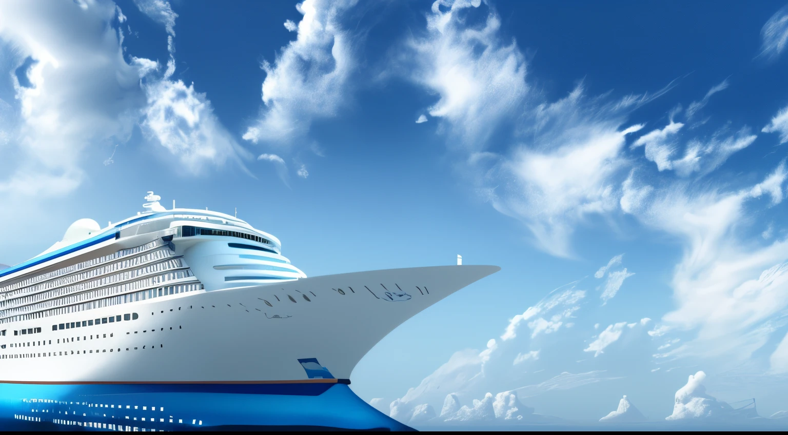 Fidel cruise ship in the water，The background  blue sky, exquisite rendering, Mothership in the sky, beautiful high resolution, white sea clouds, shaped like a yacht, Ships at sea, cgi rendering, cg art, A city floating in the air, A city floating in the clouds, afloat, stylized illustration, A palace floating in the air, rendering, das boot,Offshore wind，offshore work vessel，Undersea robots and other sea creatures