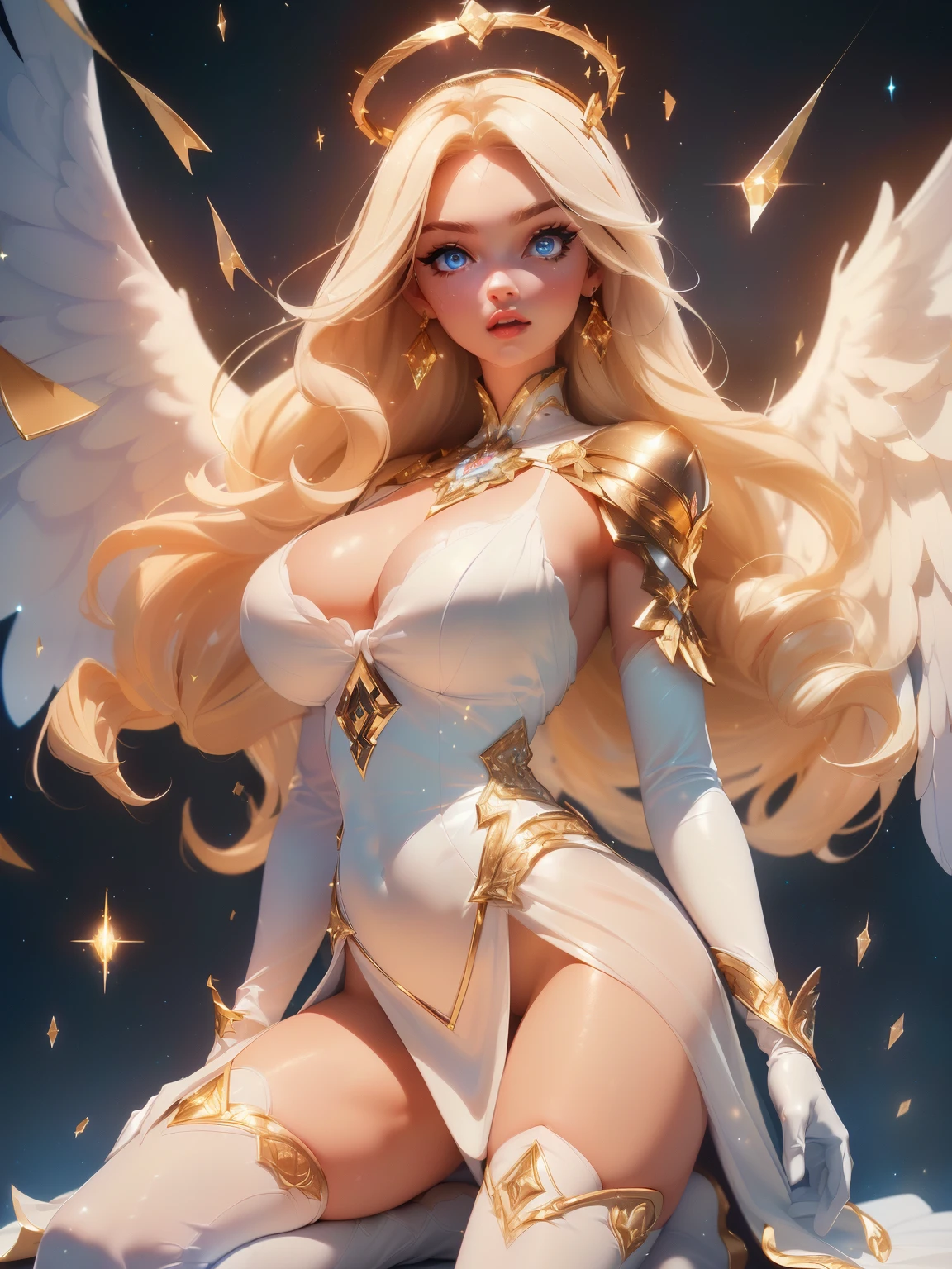 ((kneel down)) ((posing sexy)) ((beautiful russian supermodel is a celestial angel)) ((Big bright blue eyes)), ((dark eyeshadows make up)) ((bright red lipstick)), ((with innocent gaze)) ((very long light blonde hair))((huge breasts:1.5)) ((perfect slender body:1.3)) ((wearing white see through dress with gold ornaments)) ((white gloves and white stockings, showing micro underwear)) ((halo of light and gold over her head, big white wings)) ((glowing magic crystals and sparks particles floating around))((with black sky background and white light reflectors on her)), ((high definition:1.5), ((amazing lights and shadows)) ((masterpiece:1.5))((8k:1.5)) ((Best quality:1.4))