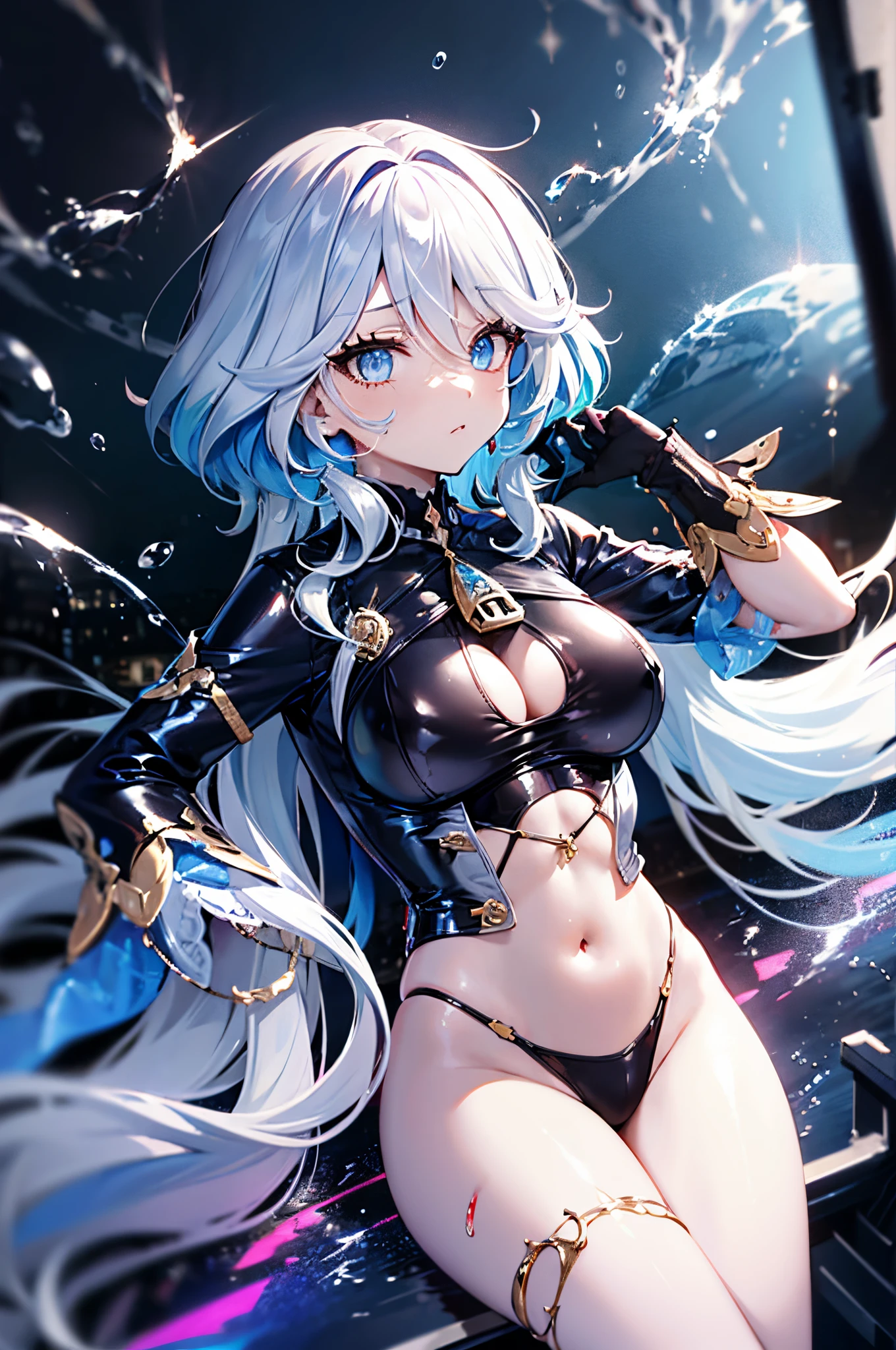 6K,The beautiful, On the table, Best quality at best, The facial details are particularly rich, perfect litthing,1 girl in、long coat of black color.short detailed hair、holding an axe、Abandoned hospitals、、With stains of blood、terrified face、staring at this、There was blood on his clothes、dark horror、tightsuit, skin tight, latex,White jumpsuit,White jumpsuit, shinning clothes, Shiny, Cover the navel, Steaming,tmasterpiece, Best quality, 1 sister, Forina, genshin impact, White hair, Blue hair, cute big breastlatchest, tear pupil, sad, Critical hit rate, Under water, airbubble, bigger, falling into oblivion,White latex coat, abandoned city lock,hair covering one eye,((Gradient hair)), A thin body,Beautiful blood red eyeshadow,Wearing long white gloves:1.a purple eye:1 white hair, Blue hair:1.3, Ultra-detailed eyes