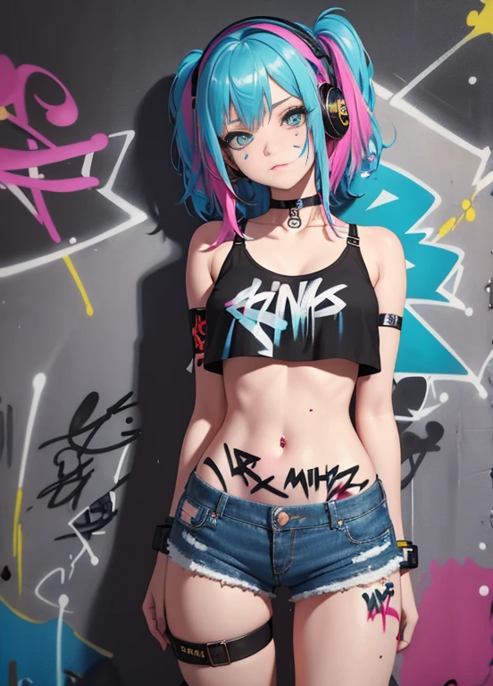 masterpiece, best quality, 1girl, solo, crop top, denim shorts, choker, (graffiti:1.5), paint splatter, arms behind back, against wall, looking at viewer, armband, thigh strap, paint on body, head tilt, bored, multicolored hair, aqua eyes, headset,