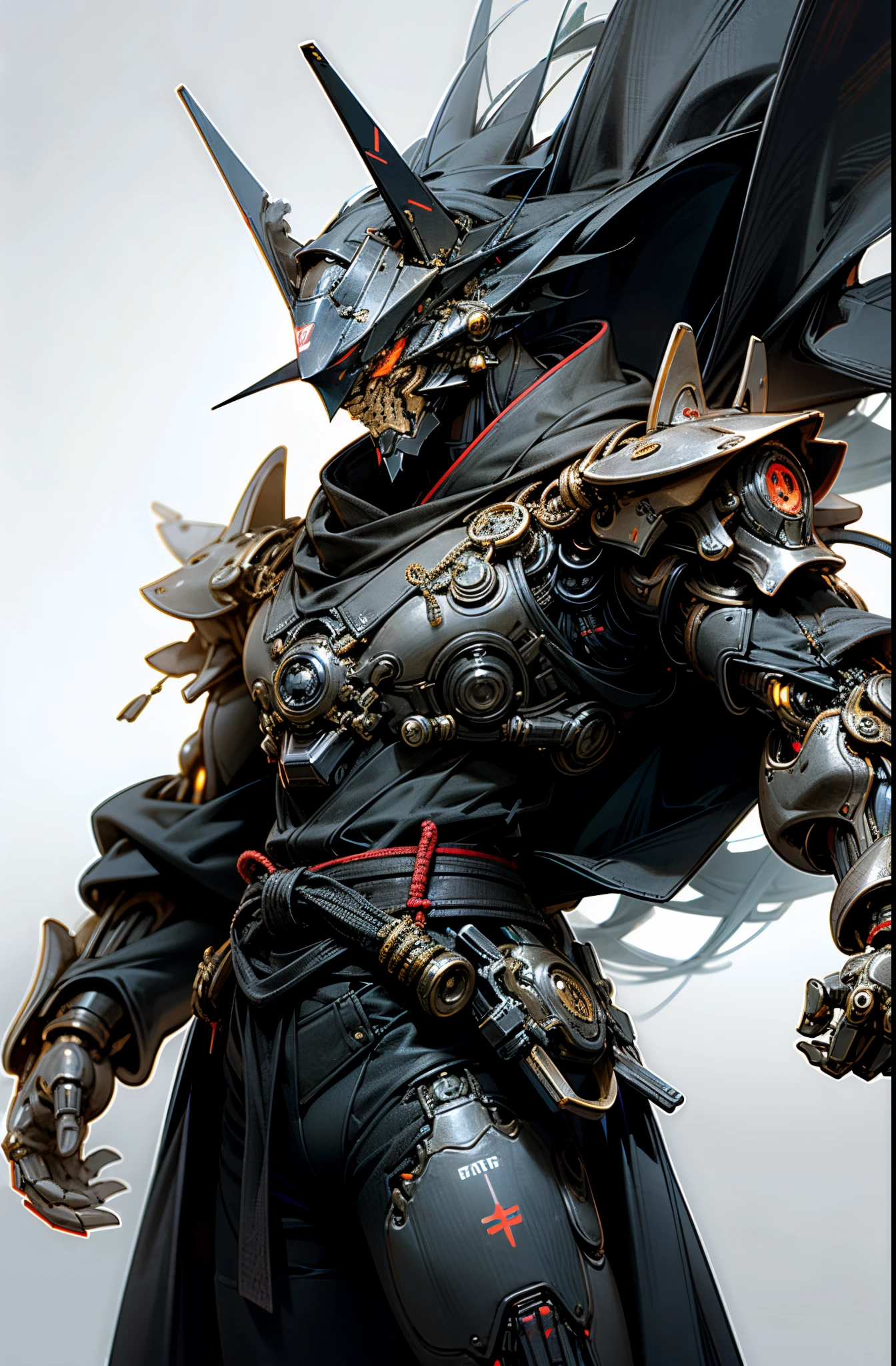 Dark_Fantasy,Cyberpunk,1manMechanical marvel,Robotic presence,Cybernetic guardian, samurai mechanical armour, katana on the waist, absolutely stunning art,wearing a black cloak, highest quality art, highest resolution, hyper detailed,black and red, futuristic, samurai robot, atmospheric,8k,64k, HD, unparalleled masterpiece, dynamic lighting, cinematic, epic