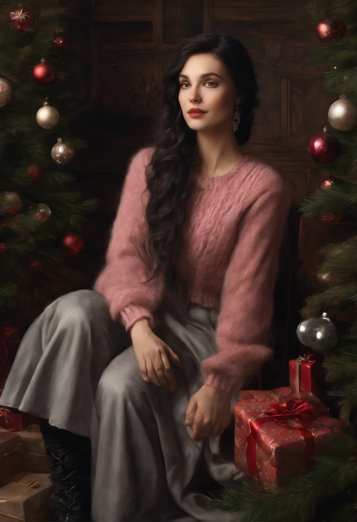 真实感, a painting, Fairytale fantasy style, Christmas style, John Tolkien style, Small painting by Jean-Baptiste Monge, Soft facial features, Rocker Girl, sitting in a chair with flowing black hair near the Christmas tree, Soft facial features, wearing pants, wearing a sweater, With light makeup, dark pink lips, lip shape"pearlescent" ,"curved eyebrows in the shape of Engriberts, light gray eyes, heavy-lidded eyes, Human Hand, Very clear, Without flaws, five fingers, black long wavy hair, In a short red sweater, in black trousers,mischievous character, Christmas tree, Gifts, Jean-Baptiste Monge, anthropomorphic --ar 2:3 --testp -optimistic;