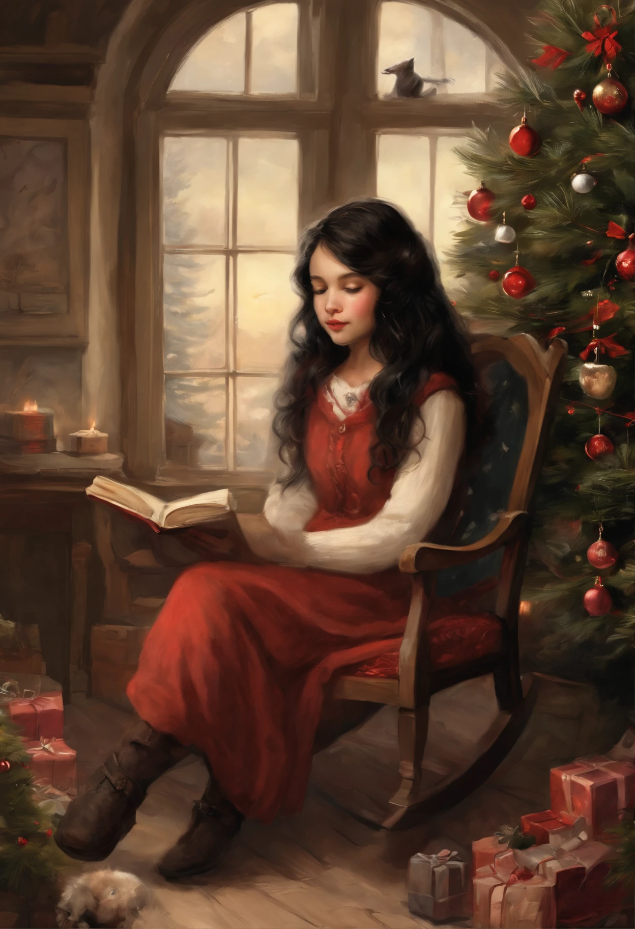 真实感, a painting, Fairytale fantasy style, Christmas style, John Tolkien style, Small painting by Jean-Baptiste Monge, Soft facial features, Rocker Girl, sitting in a chair with flowing black hair near the Christmas tree, Soft facial features, wearing pants, wearing a sweater, With light makeup, dark pink lips, lip shape"pearlescent" ,"curved eyebrows in the shape of Engriberts, light gray eyes, heavy-lidded eyes, Human Hand, Very clear, Without flaws, five fingers, black long wavy hair, In a short red sweater, in black trousers,mischievous character, Christmas tree, Gifts, Jean-Baptiste Monge, anthropomorphic --ar 2:3 --testp -optimistic;
