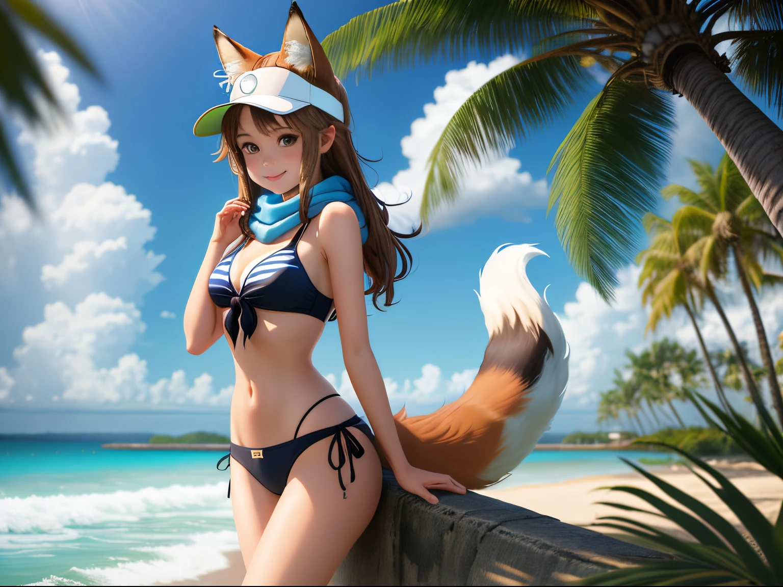 masutepiece,hight resolution, animal_Ears, tail, 1girl in, Swimsuit, bikini of, coconut palms_tree, Fox_tail, Shorts, Fox_Ears, scarf, Striped_bikini of, tree, Open_Mouth, Smile, Front Tie_Top, Striped, Front Tie_bikini of, animal_ear_fluff, Solo, brown_hair, ocean, day, visor_Cap, cloud, skyporn, Short_Shorts, Blue_skyporn, Fox_tail, breasts, Fox_girl, Water, leaning_Forward, Navel, Fox_Ears, Halo