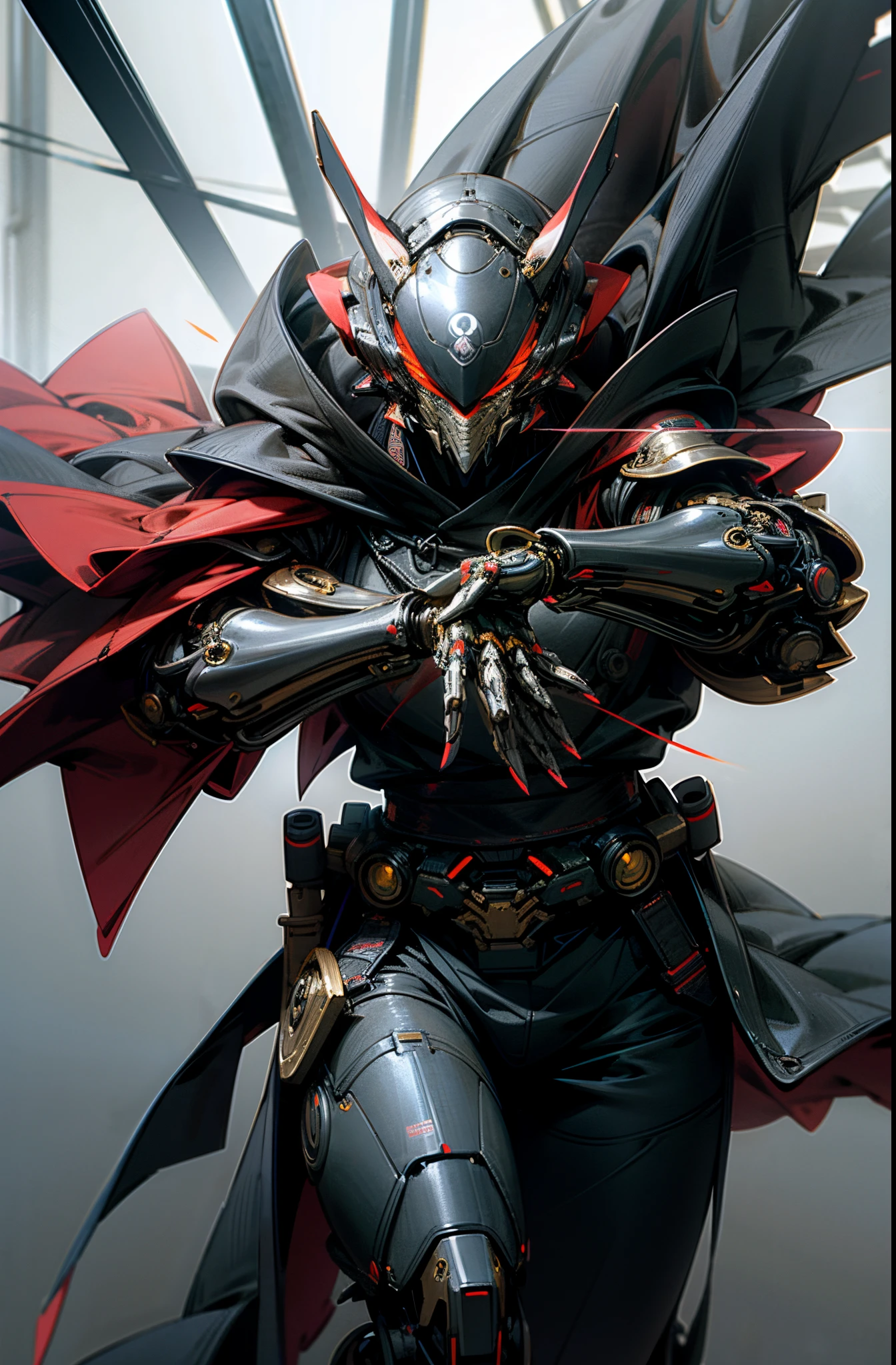 Dark_fantasy,((cyberpunk)),((1male)),((assassin)),((Cybernetic_Shogun_mask)), ((iron_samurai_armour)), ((scarlet_red_((scarf)), 8k, 64k, HD, cinematic, ((perfect_hands)) detailed, red_and_white, epic, dynamic_lighting bright((glowing))_red_eyes, ((scarlet_red_((background))))