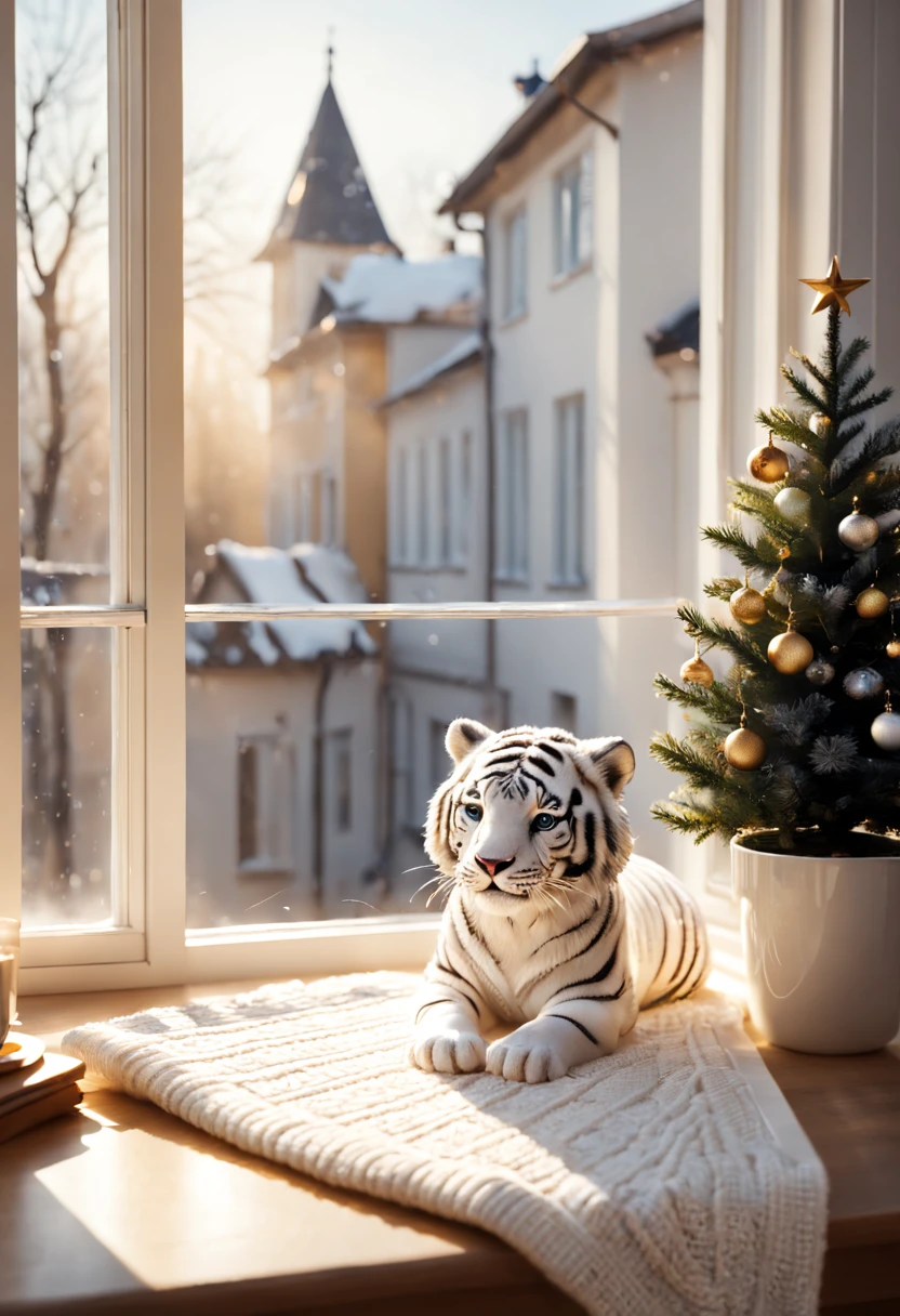 Cute white tiger, On the windowsill , sun light from window.Beautiful house balcony in the morning, (on a cozy morning:1.3), lindo cenario,lovely winter.Warm and happy.((A white sweater with clear texture placed randomly on the windowsill., )),A smoking cup of coffee..White ceramic coffee cup.detailed scene, the detail,(Best quality at best,tmasterpiece)Long elegant white transparent window.window.Small Christmas tree on the windowsill.Small decorations.Decorate with small plants.Warm morning light.Soft warm colors(Illustration 8k),(Best quality)(Complicated details)(8K)(extremely detaild的 CG unified 8k wallpapers),(On a table), (Best quality), (ultra - detailed), (Best Best Illustration),(The best light and shadow),(NTW20 Christmas:1.2),,without humans.Bright morning light .Best light and shadow .freshen
