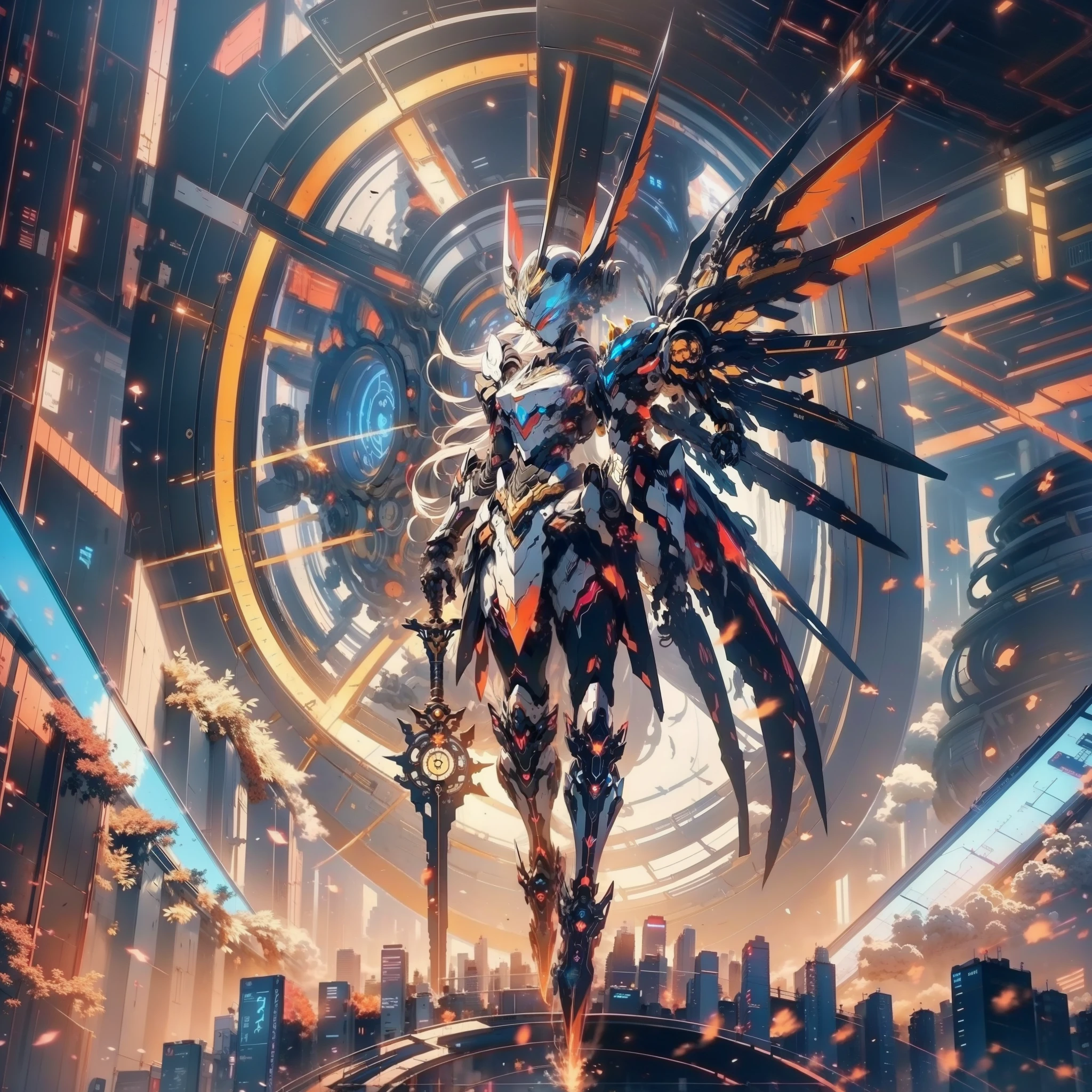 Anime character with clock on background, best anime 4k konachan wallpaper, warframe art, Detailed key anime art, Exquisite War Frame Fan Art, 8k hd wallpaperjpeg artifact, 8 k hd wallpaperjpeg artifact, anime epic artwork, high detailed official artwork, Anime Mecha Aesthetics, covered in full silver armor, Detailed War Frame Fan Art、Feminine silhouette、(giant mechanical wings)、
