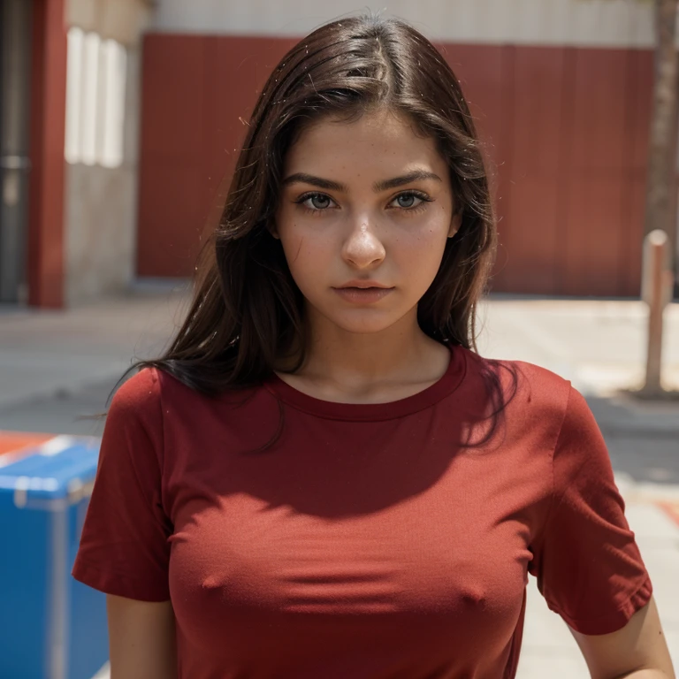 arafed woman in a red shirt, tumblr, antipodeans, , cuerpo perfecto, alutura 1,60, ((ojos azules)), cabello negro ((piernas grandes)) piel blanca