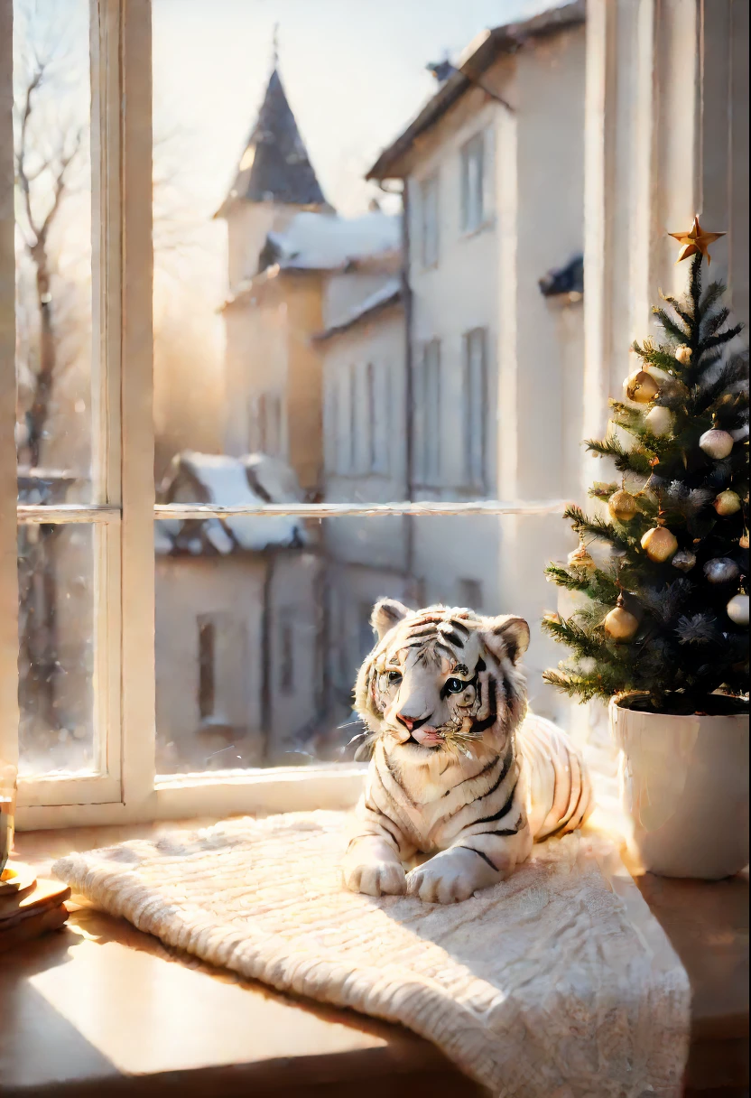 Cute white tiger, On the windowsill , sun light from window.Beautiful house balcony in the morning, (on a cozy morning:1.3), lindo cenario,lovely winter.Warm and happy.((A white sweater with clear texture  placed randomly on the windowsill., )),A smoking cup of coffee..White ceramic coffee cup.detailed scene, the detail，(Best quality at best，tmasterpiece)Long elegant white transparent window.window.Small Christmas tree on the windowsill.Small decorations.Decorate with small plants.Warm morning light.Soft warm colors（Illustration 8k），（Best quality）（Complicated details）（8K）(extremely detaild的 CG unified 8k wallpapers),(On a table), (Best quality), (ultra - detailed), (Best Best Illustration),(The best light and shadow),(NTW20 Christmas:1.2),,without humans.Bright morning light .Best light and shadow .freshen