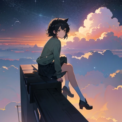 Anime cat-eared girl sitting on a shelf looking at the sky, anime drawings inspired by Makoto Shinkai, trending on pixiv, space art, Makoto Shinkai Cyril Roland, 4K anime wallpapers, anime art wallpaper 8 K, anime art wallpaper 4K, anime wallpaper 4K, anime wallpaper 4K, anime wallpaper 4K