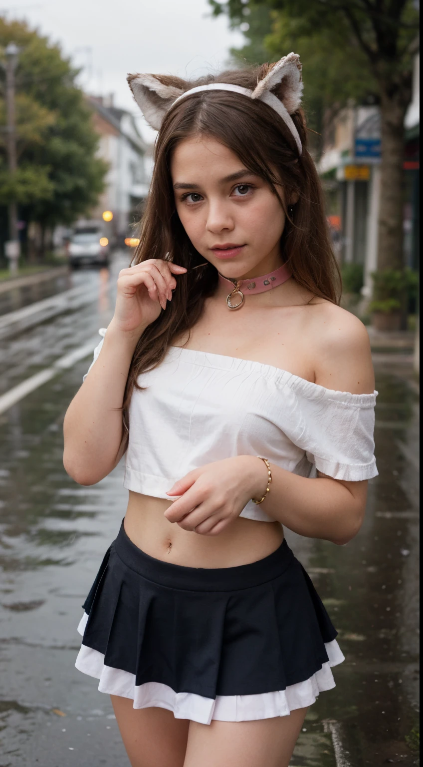 heavily pregnant, young girl, red hair, blue eyes, blushing, hairbangs, short hair, big belly, button up outfit, short pants, necklace, sexy pose, beautiful, blurry background, looking at viewer