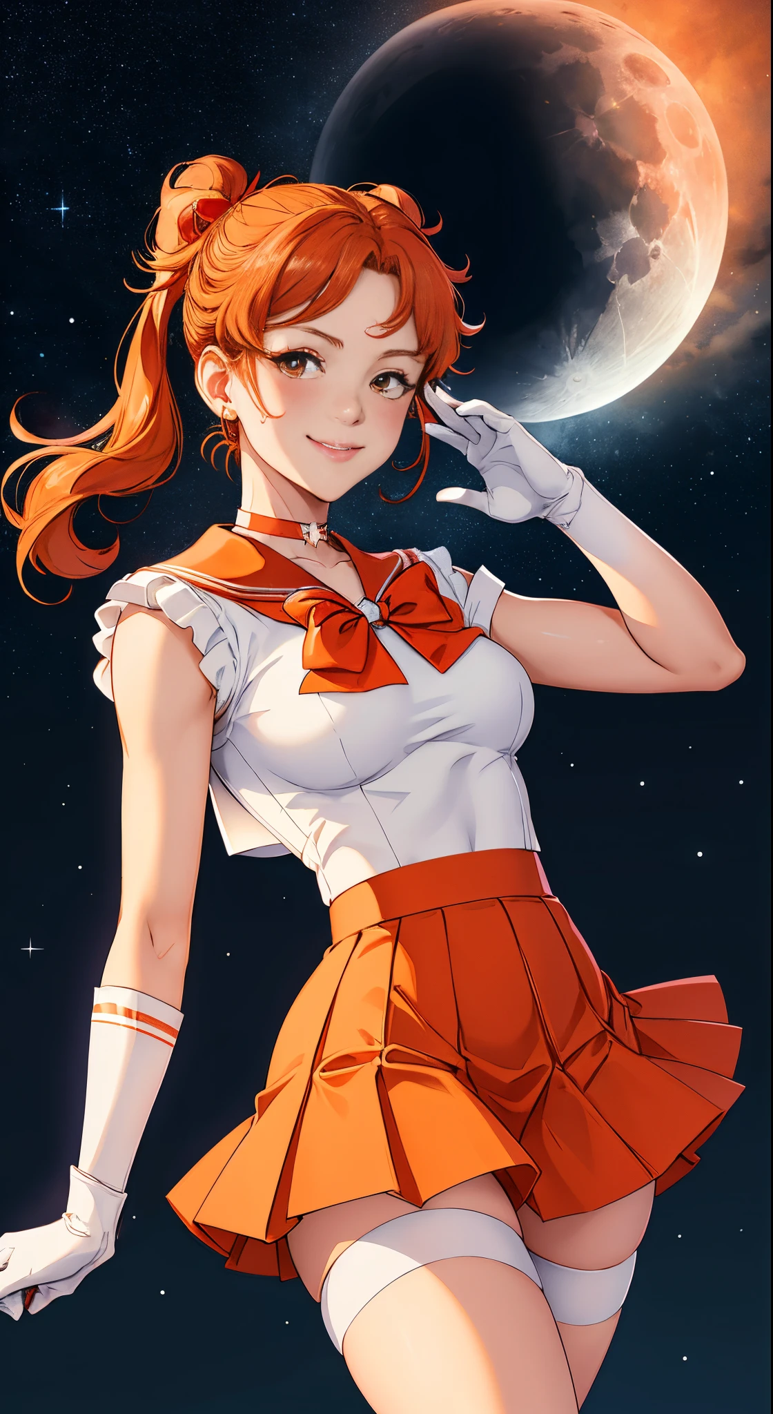 masutepiece, Best Quality, hight resolution, SV1, Sailor Senshi Uniform, Orange skirt, White shorts、elbow groves, tiarra, Pleated skirt, Miniskirt, White panty、Red bow, orangechoker, White Gloves, Jewelry, Starry sky, badass pose, slight smile, Portrait, floating, Moon, Upper body