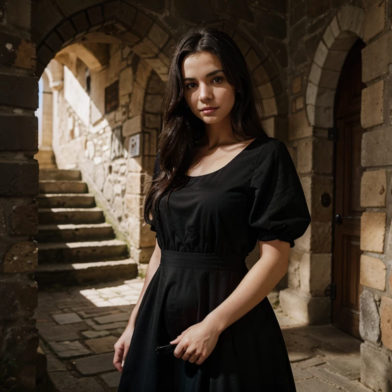 Dark haired girl with blackdress in castle