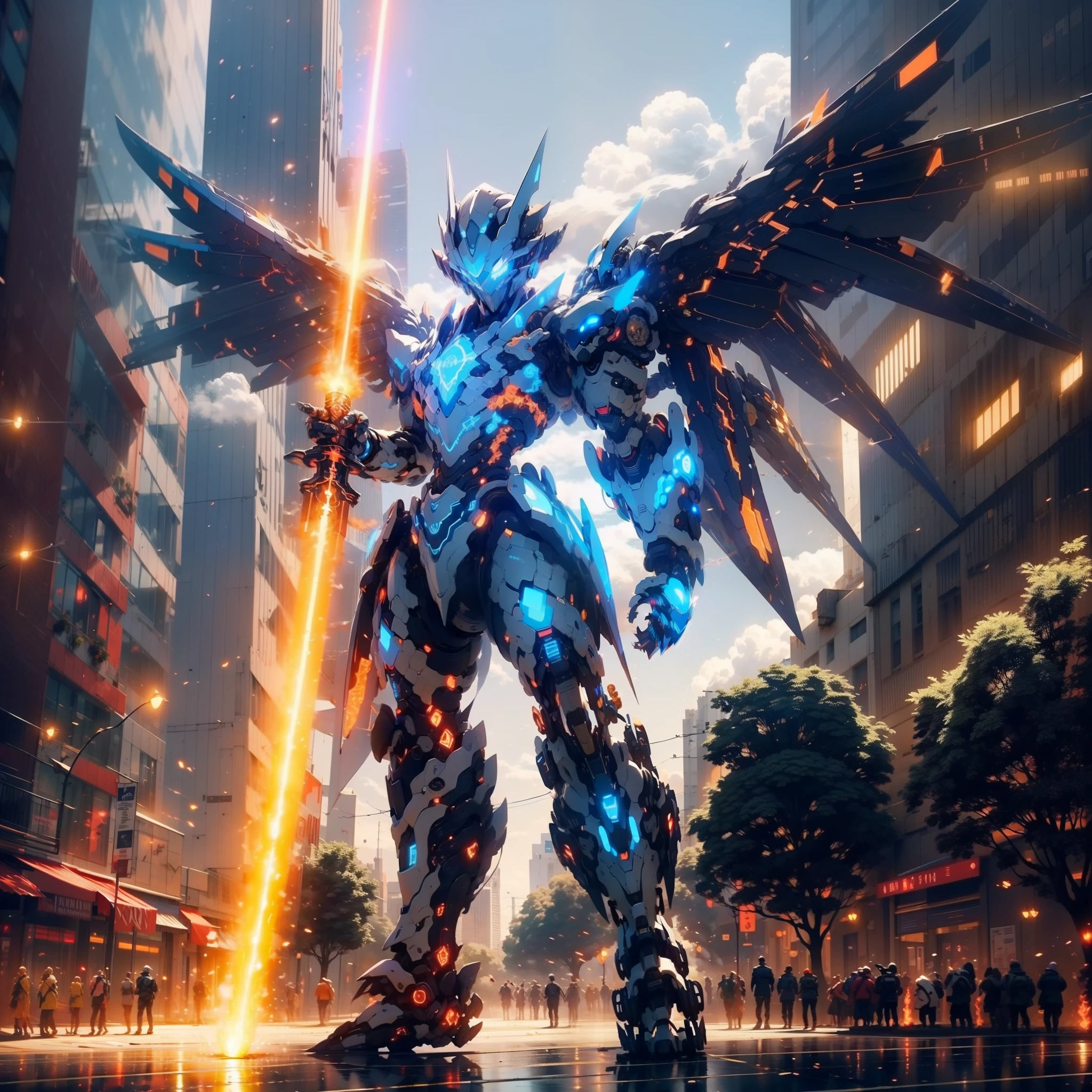Skysky,clouds,(holdingweapon),with light glowing,,buliding,glowing light eyeechs,scientific fiction,city on fire,Realistiechechanical wings,(robot wings),Dragon-shaped robot,glowing weapon,lightsabers,War City,1boy,