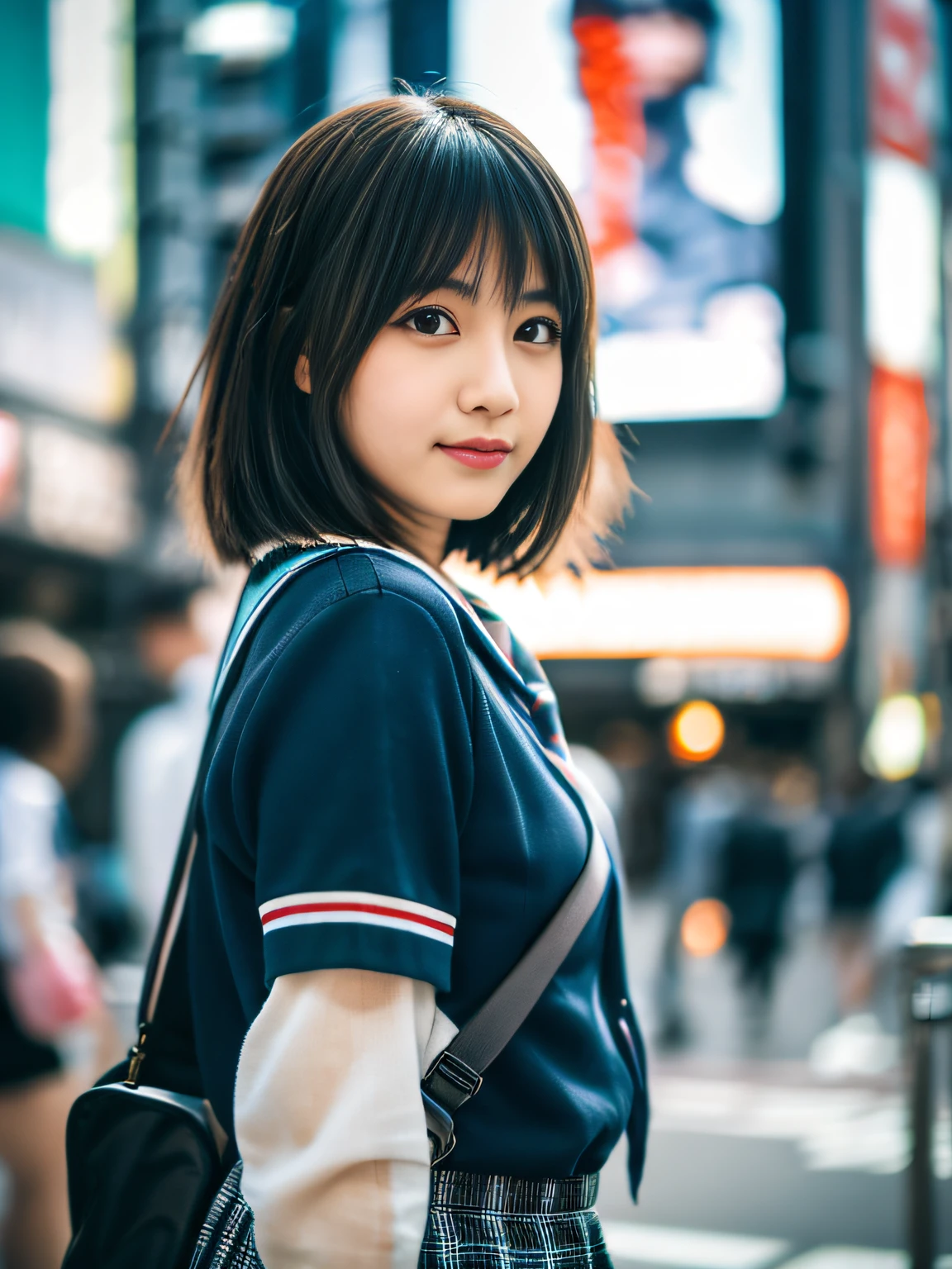 Ultra top quality, masterpiece, ultra high resolution, depth of field, depth of subject, (photorealistic: 1.4), (dramatic, award-winning photography, incredible masterpiece: 1.3), RAW photos, golden ratio, highly detailed CG Unity 8k wallpaper, detailed and complex, incredibly absurd, original, high resolution, raw photos, (perfect body shape), finely complex, DSLR, Soft Lighting, High Quality, Film Grain, Background Blur, Fujifilm XT3, 50mm Lens, Backlit, HDR, Hyperrealistic, Color Grade, Dynamic Pose, Portrait, Japan Person, Short Hair, Smile, Lips, Bangs, (Crowded Akihabara: 1.2), Front View Viewer, Natural Light, Girl, 21 years old, Full Body, Solo, Student, High School, Uniform, cute schoolgirl, bobby socks, skirt, daytime, on the street, deep shadow, cute, beauty, understated, cold light 12000k\Street, store status, Akihabara, Shinjuku, Shibuya, Ikebukuro, detailed realistic, skin texture, super detailed, realistic skin texture