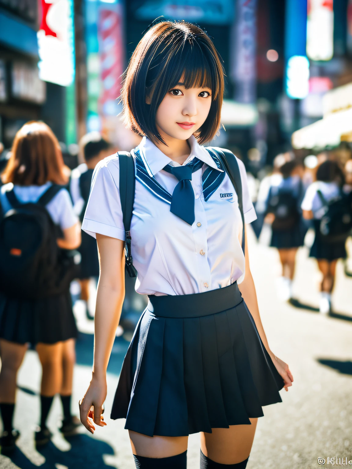 Ultra top quality, masterpiece, ultra high resolution, (photorealism: 1.4), depth of field, depth of subject, highly detailed CG Unity 8k wallpaper, detailed and complex, incredibly absurd, original, high resolution, raw photo, (perfect body shape), finely complex, DSLR, soft lighting, high quality, film grain, background blur, Leica camera, 50mm lens, Backlit, HDR, Hyper Realistic, Color Grade, Dynamic Pose, Portrait, Japan Person, Smile, Lips, Bangs, (Crowded Akihabara: 1.2), Short Hair, Front View View Viewer, Natural Light, Girl, 20 Years Old, Full Body, Solo, Student, High School, Uniform, Cute High School Girl, Bobby Socks, Skirt, Daytime, On the Street, Deep Shadow, Cute, Beauty, Modest, Cold Light 12000K\Street, Street, Akihabara, Shinjuku, Shibuya, Ikebukuro, Detailed Realistic, Skin Texture, Super Detailed, Realistic Skin Texture, (dramatic, award-winning photos, incredible masterpieces: 1.3)