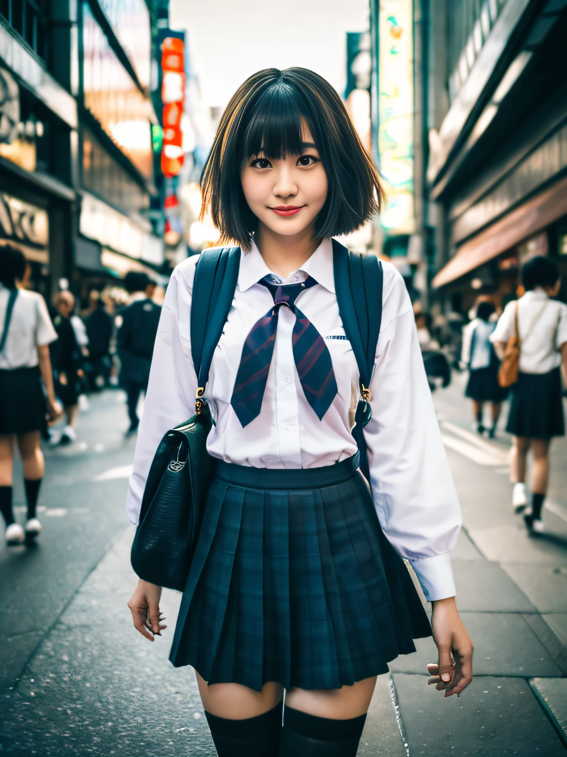 Ultra top quality, masterpiece, ultra high resolution, depth of field, depth of subject, (photorealistic: 1.4), (dramatic, award-winning photography, incredible masterpiece: 1.3), RAW photos, golden ratio, highly detailed CG Unity 8k wallpaper, detailed and complex, incredibly absurd, original, high resolution, raw photos, (perfect body shape), finely complex, DSLR, Soft Lighting, High Quality, Film Grain, Background Blur, Fujifilm XT3, 50mm Lens, Backlit, HDR, Hyperrealistic, Color Grade, Dynamic Pose, Portrait, Japan Person, Short Hair, Smile, Lips, Bangs, (Crowded Akihabara: 1.2), Front View Viewer, Natural Light, Girl, 21 years old, Full Body, Solo, Student, High School, Uniform, cute schoolgirl, bobby socks, skirt, daytime, on the street, deep shadow, cute, beauty, understated, cold light 12000k\Street, store status, Akihabara, Shinjuku, Shibuya, Ikebukuro, detailed realistic, skin texture, super detailed, realistic skin texture