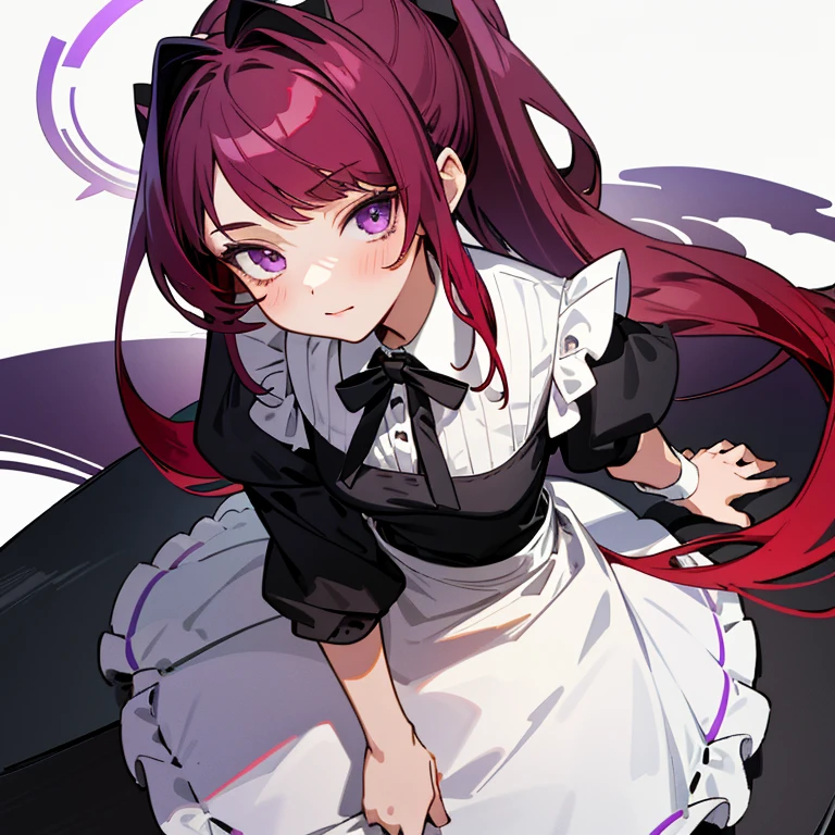 masterpiece,(best quality, illustration,detailed face:1.3),(1girl,solo:1.3),beautiful detailed eyes, apron, gradient_background, gradient, maid, purple eyes,red hair,small breasts,, BREAK, enmaided, white_apron, black_dress, ponytail, black_footwear, frilled_apron, dress, maid_apron, alternate_hair,very long hair, split_ponytail, halo