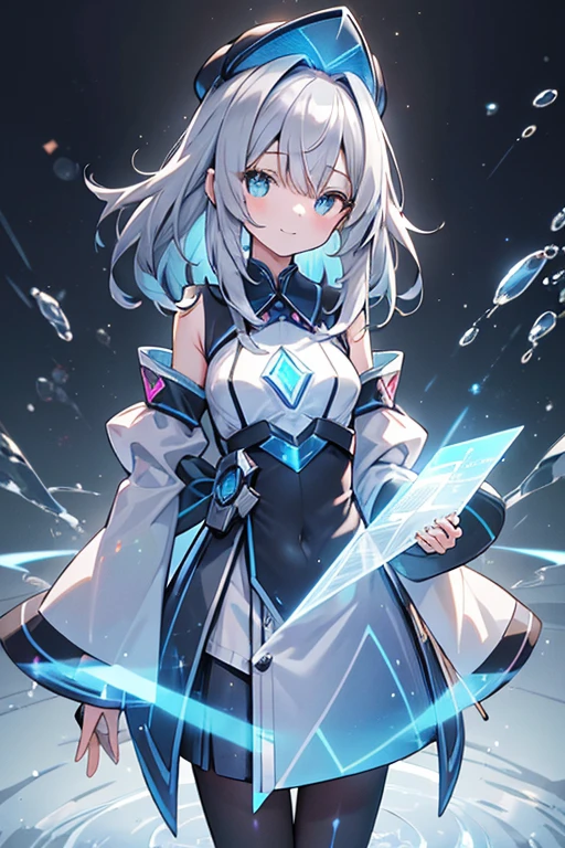 (tmasterpiece), (scientific fiction, holographic interface:1.2), 1个Giant Breast Girl, ssmile, silber hair, Medium hair, Water-colored eyes, Hats, longer sleeves, separated sleeves