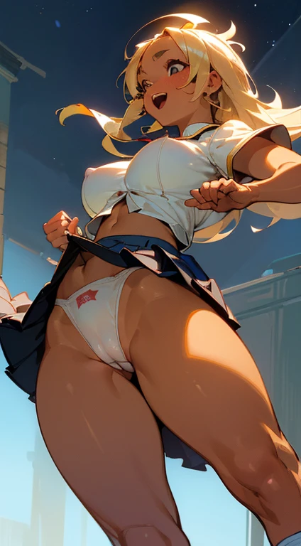 ((top-quality、8K,masterpiece:1.3))、(Beautiful woman with perfect figure:1.4)、
(Blonde longhair)、
(A detailed eye、Downward eyes、(from below:1.3)、二重まぶた、A slight smil、Open mouth and happy smile、Climax face and ecstatic face)、
(School Uniforms:1.5)、(pleatedskirt:1.5)、(Pull up the skirt with both hands:1.5)、(colorful shiny tight underwear)、(Loose socks)
((Huge breasts:1.4)、big areolae、Milk Away、Puffy nipple)、
((Cameltoe:1.2)、(belly button piercing)、(Big ass)、(thick thight:1.3))、
((Brown skin tone:1.4)、(skin tanned:1.4)、5Fingered hand、Highly detailed facial and skin texture)、
(Super close-up looking up from below:1.5)、Focus on the crotch、(Looking at the camera:1.5))、(Back alley at night:1.3)