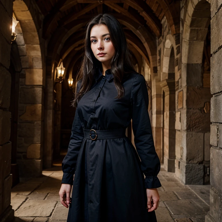 Dark haired girl with blue eyes standing in castle wearing a black dress