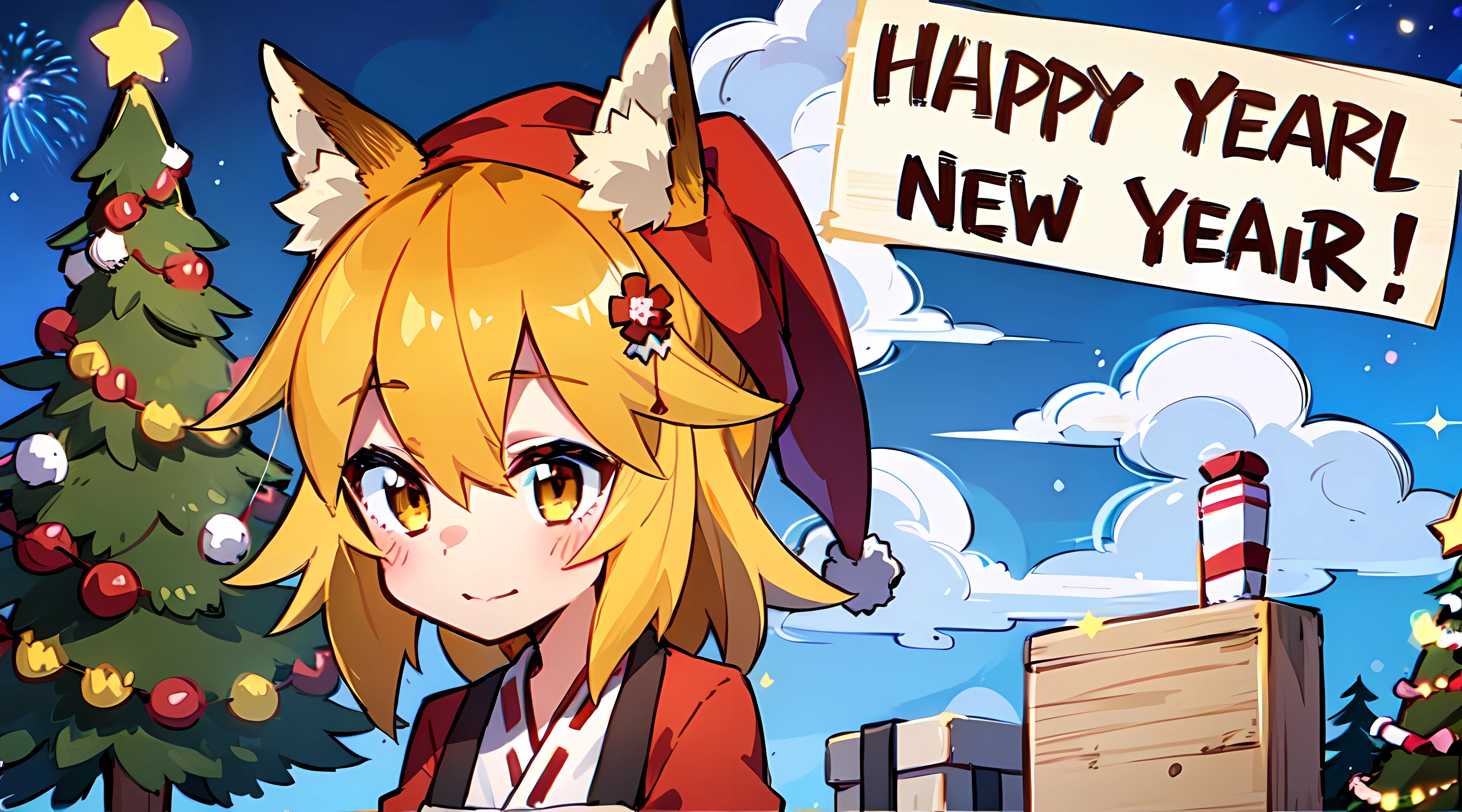 Yandex chan, A  girl, Fox ears, Clouds, Christmas tree, garland, New Year