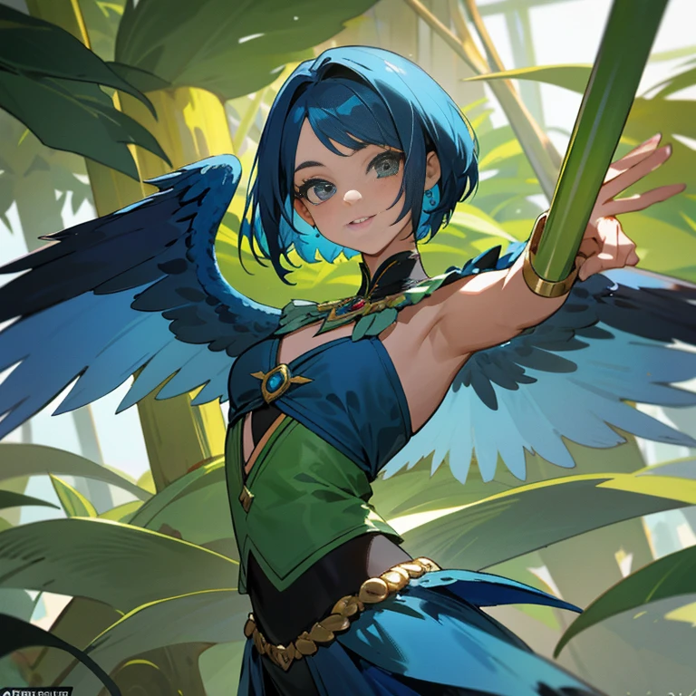 A Brazilian woman with a Bob-style haircut with blue ombré hair who wears a costume resembling a Spix’s macaw dancing in the jungle happily