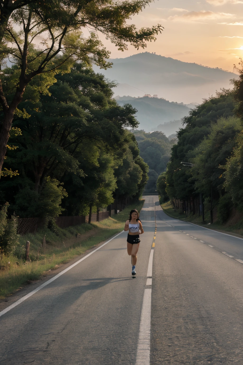 Lin Yun, corriendo al amanecer en una carretera con muchos arboles y naturaleza al rededor