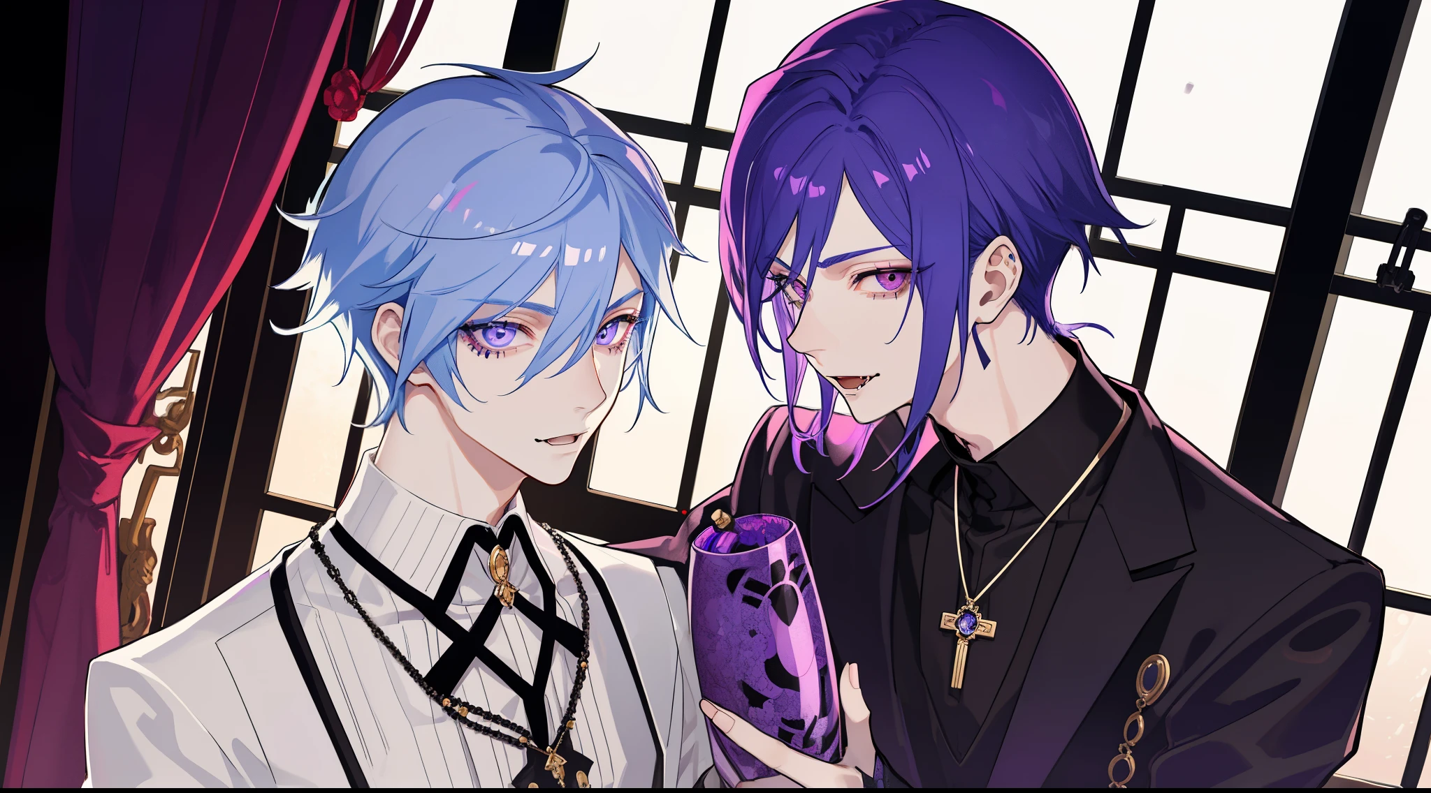 ​masterpiece, top-quality, 2Others, Male couple, 1 man and 1,, Adults, Height difference, different fashion, different color, finely eye and detailed face, intricate detailes, Casual clothing, Oversized shirt, Modern urban streets, Hands on back, A smile, Happiness, tenderness, queers, high-level image quality、 Two beautiful men、tall、on the beds、Trying to kiss、window、nightfall、nighttime scene、𝓡𝓸𝓶𝓪𝓷𝓽𝓲𝓬、Korean Male, Idol Photos, k pop, Professional Photos, Vampires, Korean fashion in black and white, Fedoman with necklace, inspired by Sim Sa-jeong, androgynous vampire, :9 detailed face: 8, extra detailed face, detailed punk hair, ((eyes are brown)) baggy eyes, Seductive. Highly detailed, semi realistic anime, Vampires, hyperrealistic teen, delicate androgynous prince, imvu, short hair above the ears, Man with short hair, Purple-haired man with a glaring expression and a man with light blue hair with a gentle expression, With a short-haired man with bright purple hair, Man with light blue hair