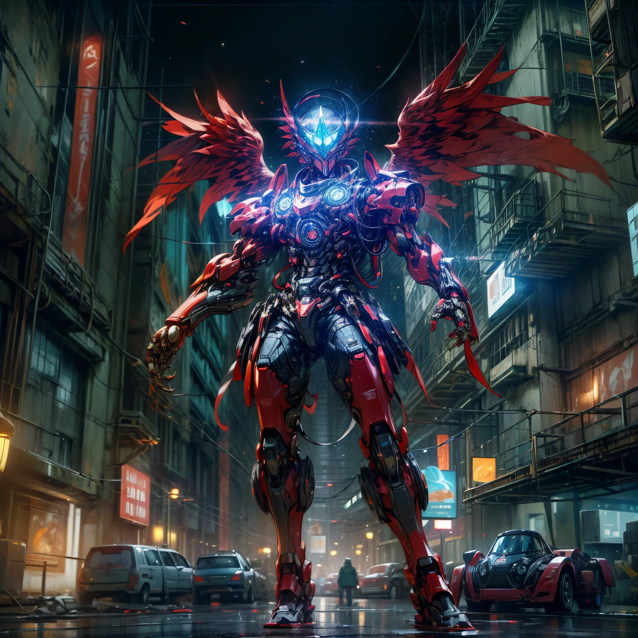 (anthropomorphism:1.5),(Full Body Shot), Cyberpunk, In the middle, 1 Red rooster mecha(Mechanical style Red rooster head, Blue glowing goggles, Gas mask, Upward unfolding mechanical wings), Standing on two legs, mechanical miracle, damaged Machine element,nobody, Moonlight, Dreamy Glow, ruined city,  ( Global illumination, raytracing, HDR, unreal render,reasonable design, masterpiece, best quality, UHD, Cinematic Lighting)