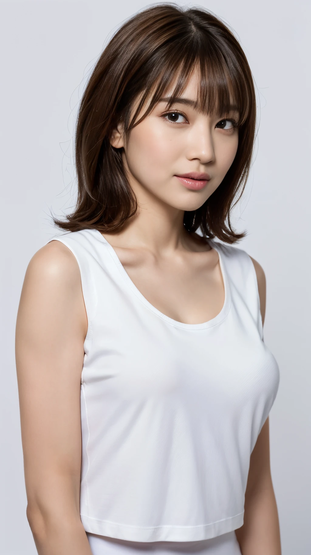 of the highest quality, Photorealistic, 8K, High Definition, 1 girl, Woman, (Skindentation), (Portrait: 0.6), Gorgeous, (White background: 1.82)), ((Big size round chest, Sleeveless White T-Shirt: 1.75)), See straight viewer: 1.8, (1 Girl Eyes, Medium length hair, Brown hair, Parted bangs : 1.65), Photorealistic, (Bokeh), (Mouth closed: 1.46), Gorgeous, pureerosface_v1,