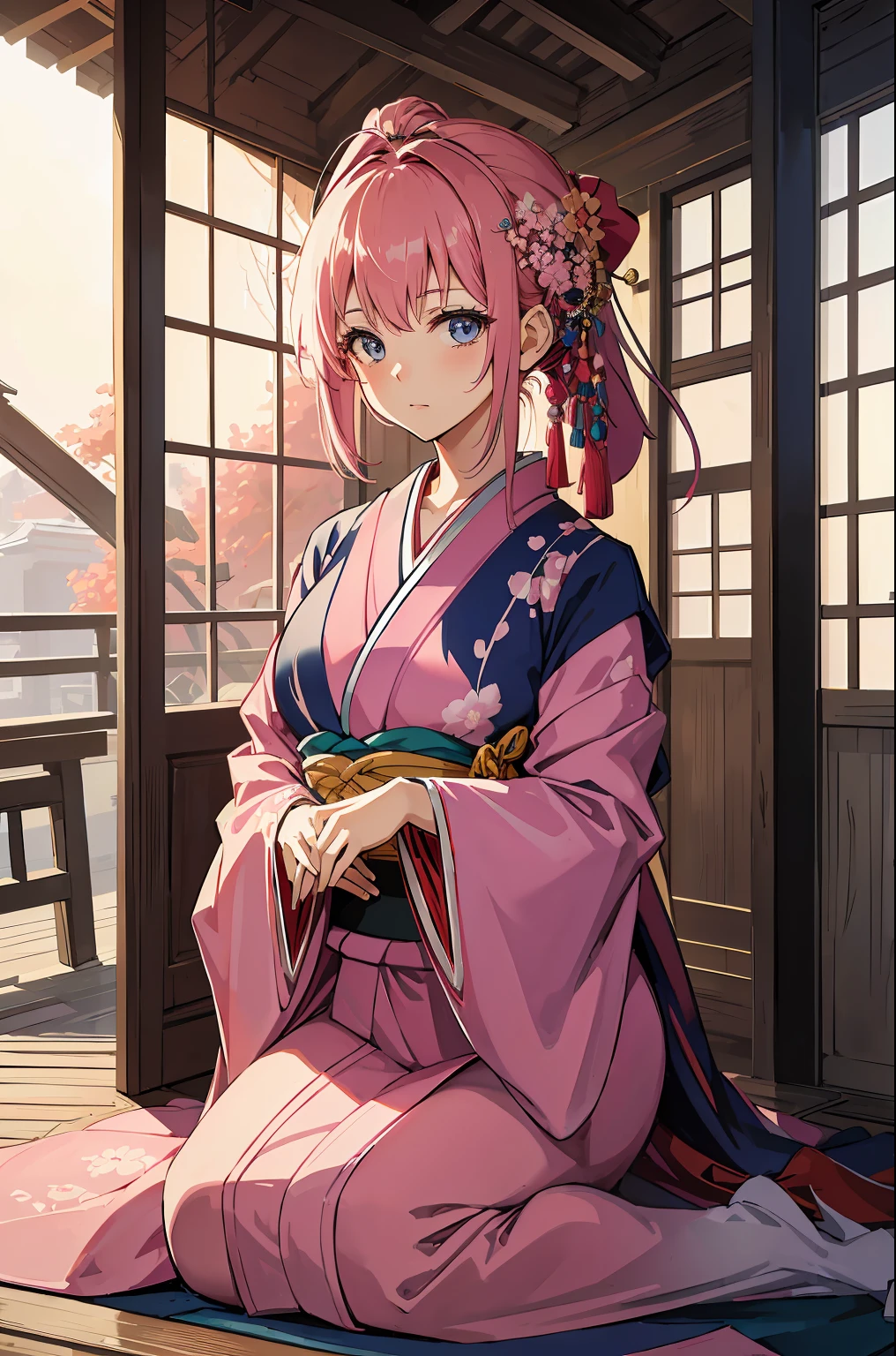 (masterpiece, flawless quality:1.2, anime style), kimono, mature, pink hair, sad, formal, tied up hair, hair accessories, japanese, large bust, indoors, looking at viewer, japanese architectures