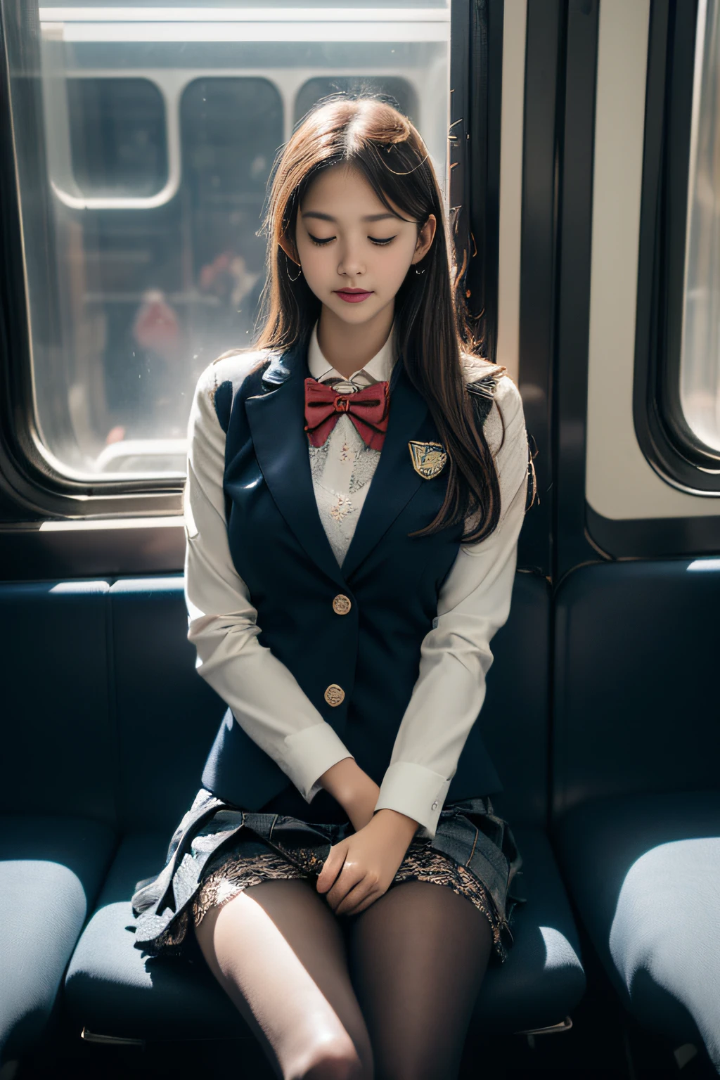 ((Female student sitting on a train seat ))，Charming eyes，Heartwarming action，Turn your face away from the camera，stooped，Bend over，turn back，Look up at your head，thick and long black hair，Highly detailed body，Highly detailed face，best qualtiy、(P boobs iNK underwear),(High School Girls),((White Blazer、emblem on breasts))、((Translucent blouse)),((red bowtie)),((navy check flare skirt)),(Black stockings)、((Outside the window, Hazy skyscrapers)),((White lace panties are visible)),((Open legs)),((((Eyes closed))))