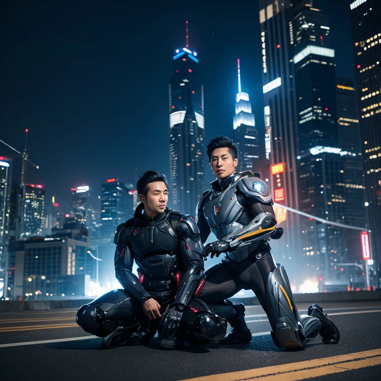 scientific fiction，Asian people，A handsome man in his 30s looks like a future sports car，Wearing a mech suit，oda&#39;There&#39;s a metal sci-fi tiger next to me，Future Machine City