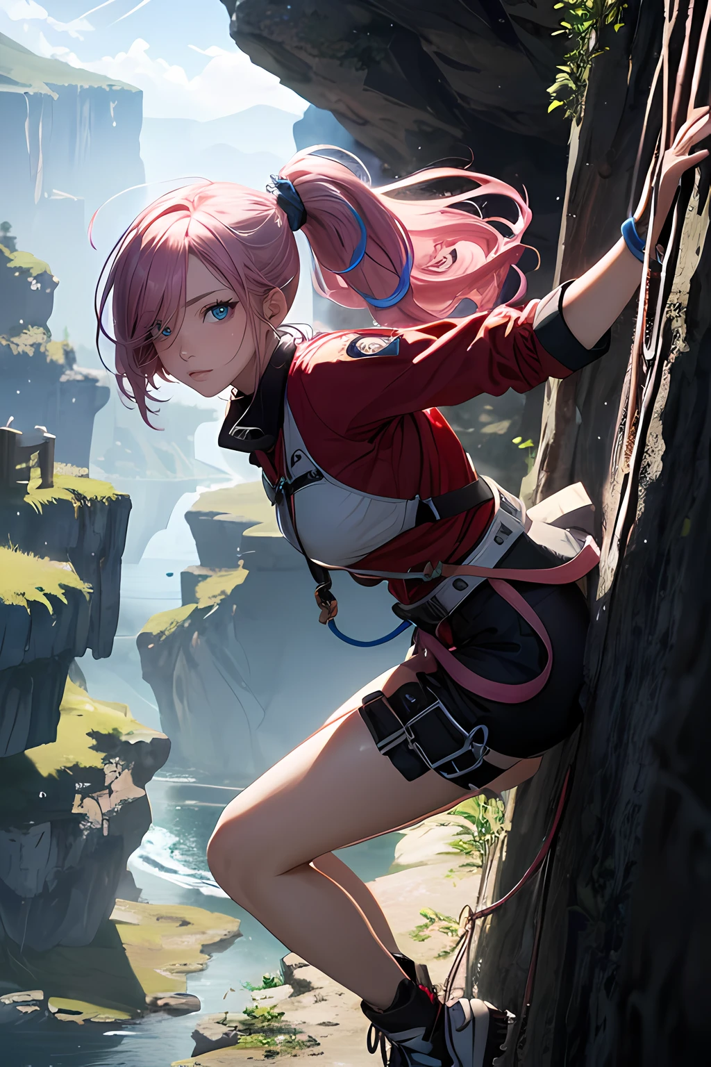 (masterpiece), (best quality), 1female, doing wall climbing on a cliff, side view, (long_ponytail pink color hair:1.21), (hair over one eye:1.23), wearing climbers wear, hanging on a cliff, holding a rope, detailed beautiful eyes, detailed gorgeous face, perfect anatomy, very cute, dynamic pose, perfect shading, dramatic lighting, rendered in 8K resolution for high-quality detail, concept art, smooth, sharp focus, illustration, highly detailed, soft natural volumetric, cinematic perfect light, intricate details,