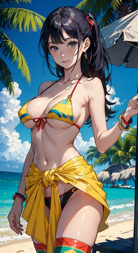 ​masterpiece、top-quality、超A high resolution、 [ 4 k digital art ]!!、 8k high quality detailed art、Wallpaper、 Detailed Digital Anime Art、Realisticity、Cinema Angle、hposing Gravure Idol、((One Beautiful Girl))、cute  face、 (((Detailed depiction of a beautiful face)))、kindly smile、年轻、Bikini swimwear、Photorealistic perfect body、(Bold ethnic patterns wrapped around the waist and skirt and plenty of primary colors)、light Particle、llight rays、Tropical、Against the background of palm trees on both sides、on a sunny beach、Against the background of the sea、blur backgroun、